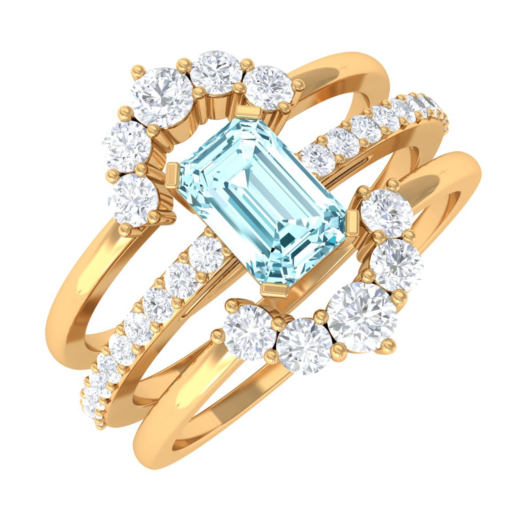 Aquamarine Wedding Ring Set – Emerald Cut Trio with Diamond Accents & Matching Enhancer Bands
