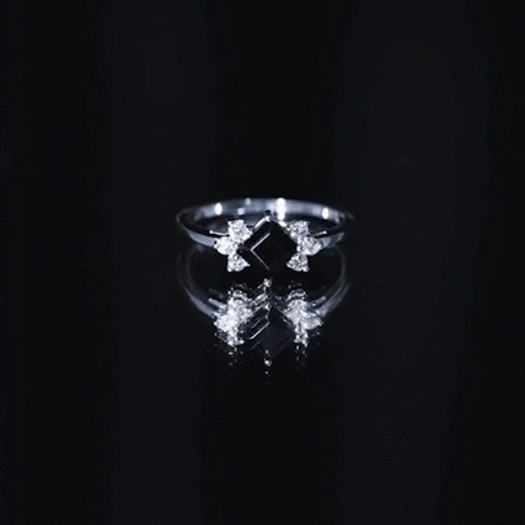 Princess Cut Black Onyx Promise Ring with Diamond Trio