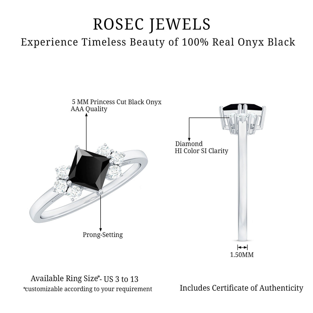 Princess Cut Black Onyx Promise Ring with Diamond Trio