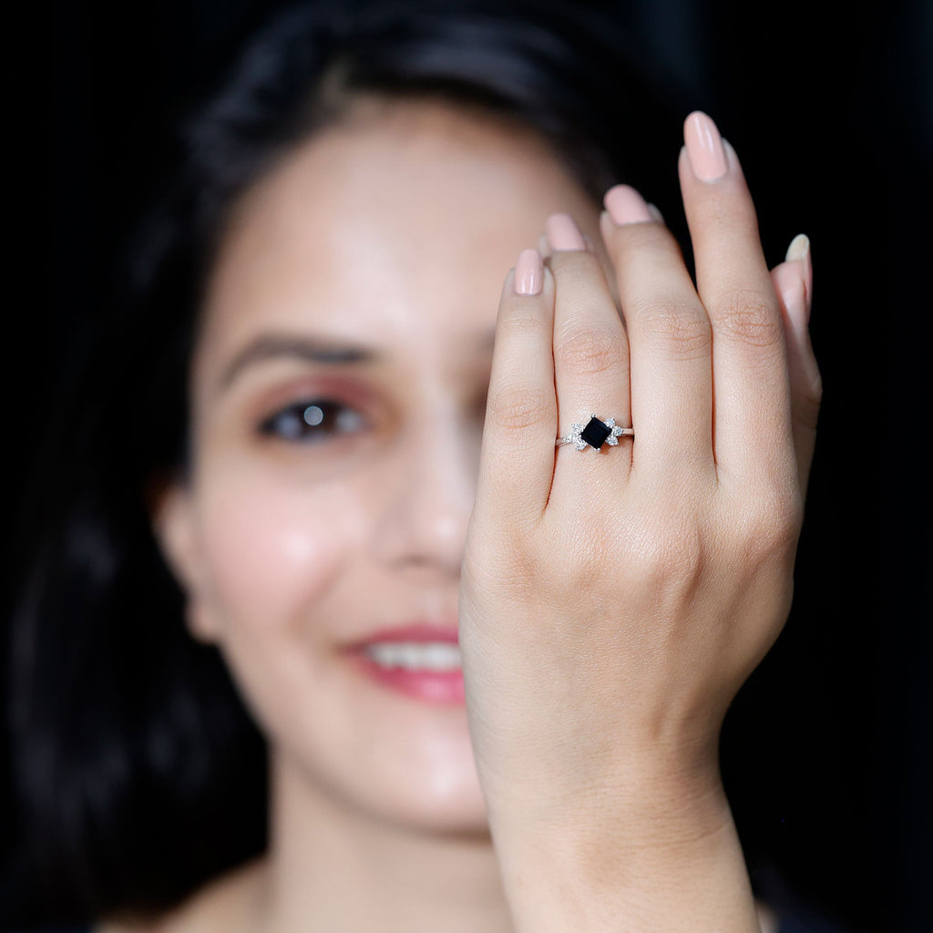 Princess Cut Black Onyx Promise Ring with Diamond Trio