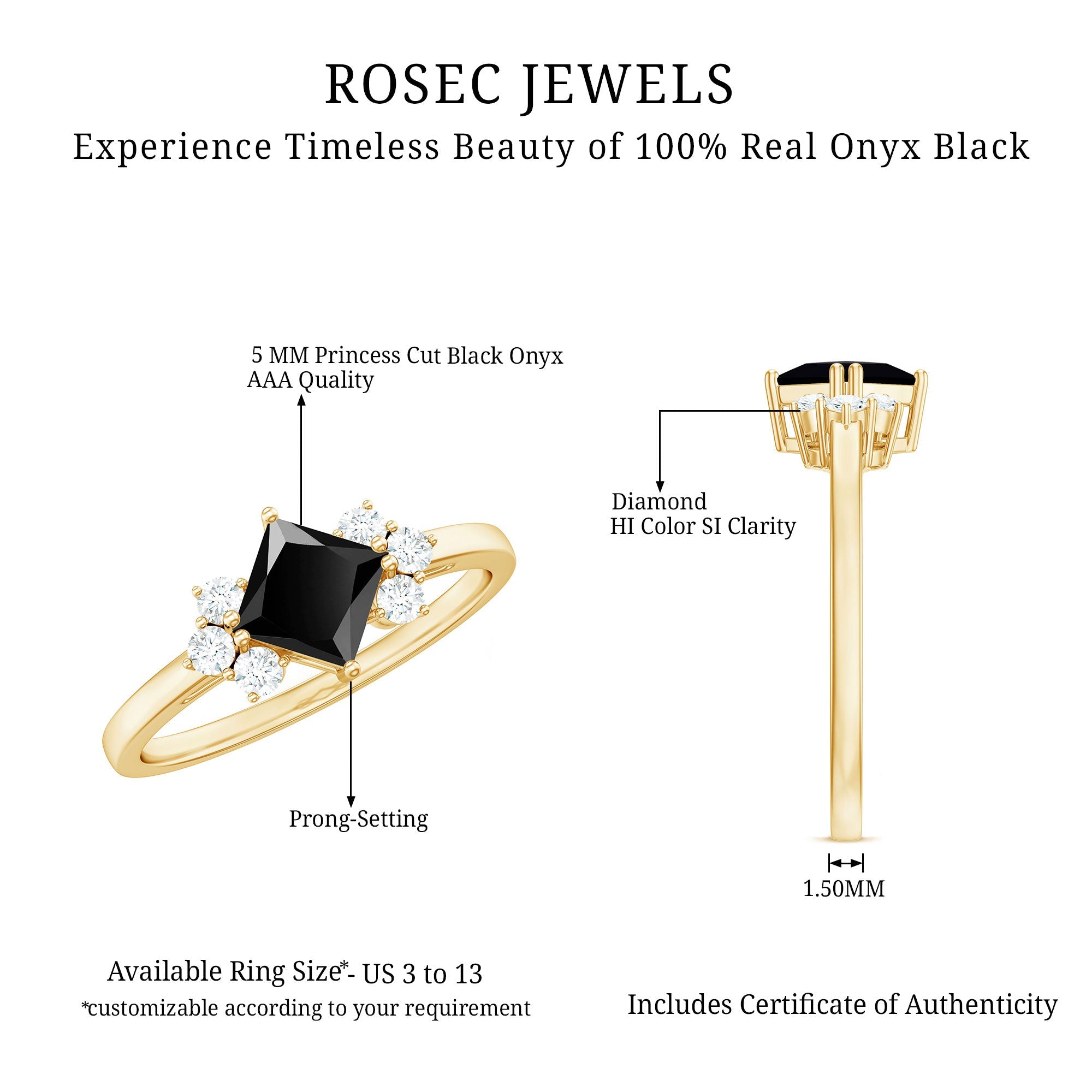 Princess Cut Black Onyx Promise Ring with Diamond Trio