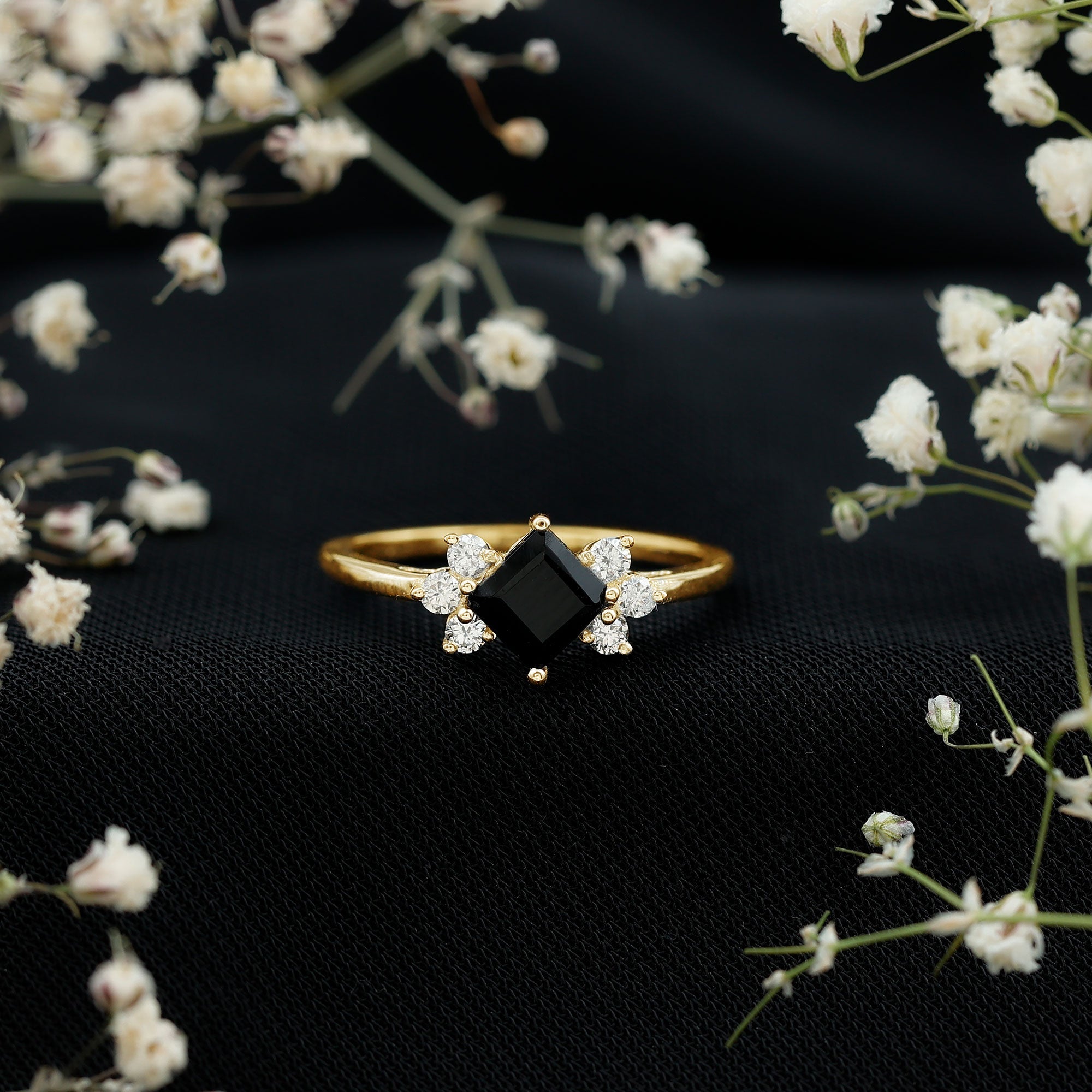Princess Cut Black Onyx Promise Ring with Diamond Trio