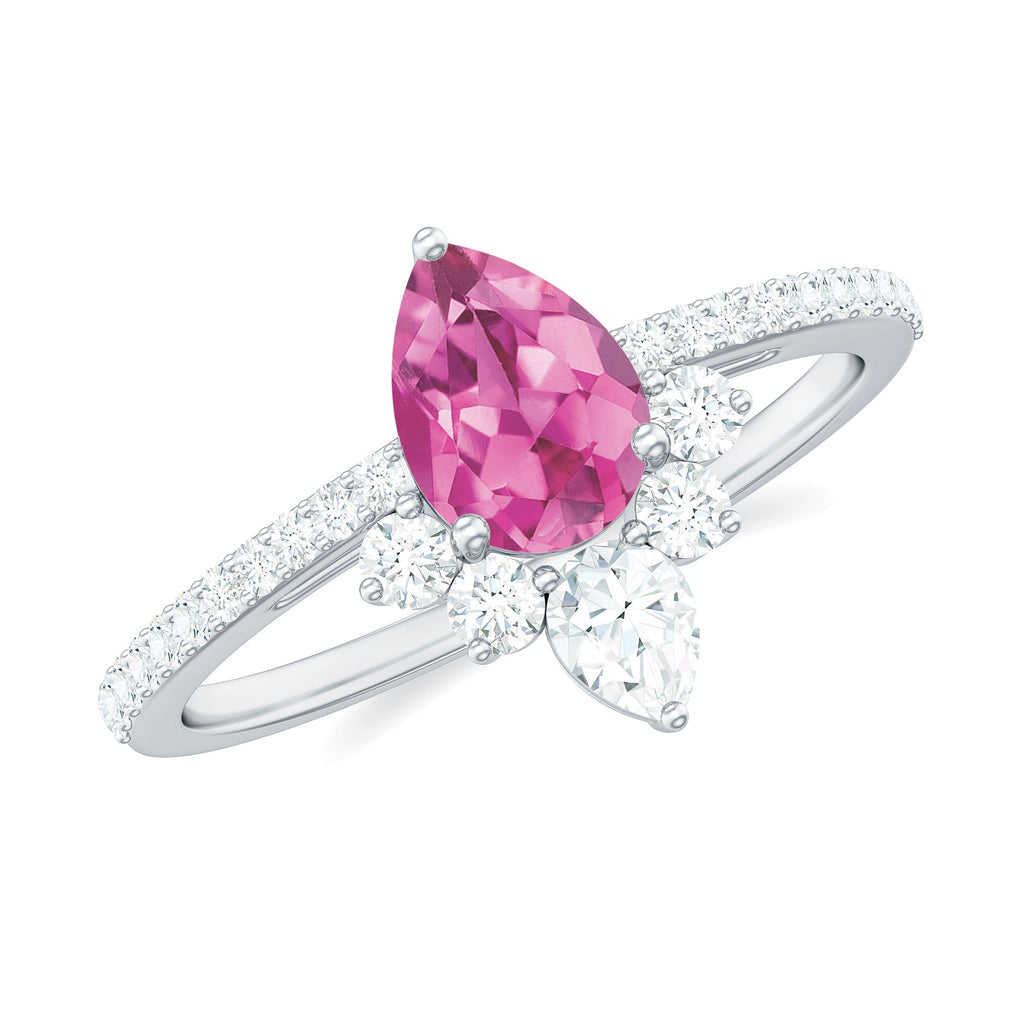 Pink Tourmaline Engagement Ring – Pear Shape Diamond Half Halo, Dainty Band