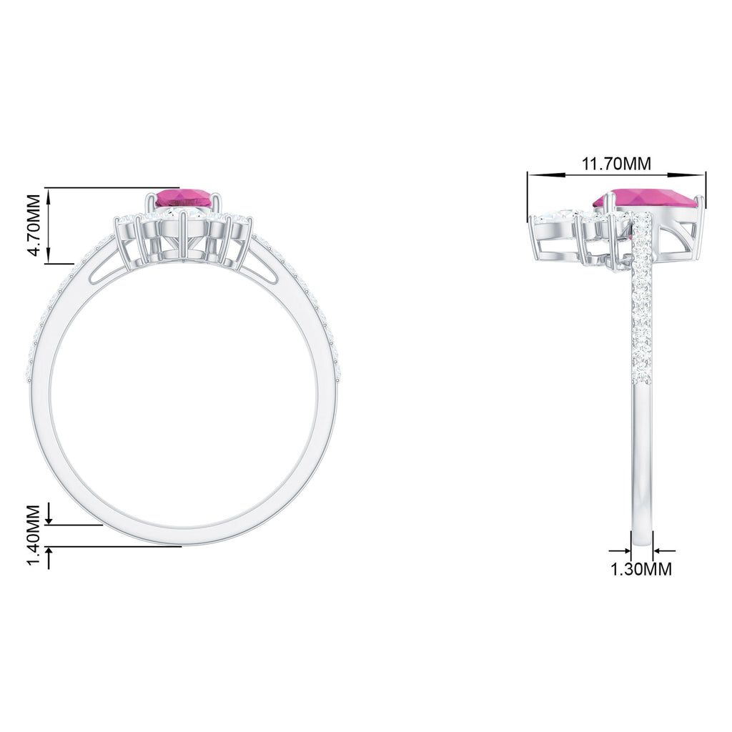Pink Tourmaline Engagement Ring – Pear Shape Diamond Half Halo, Dainty Band