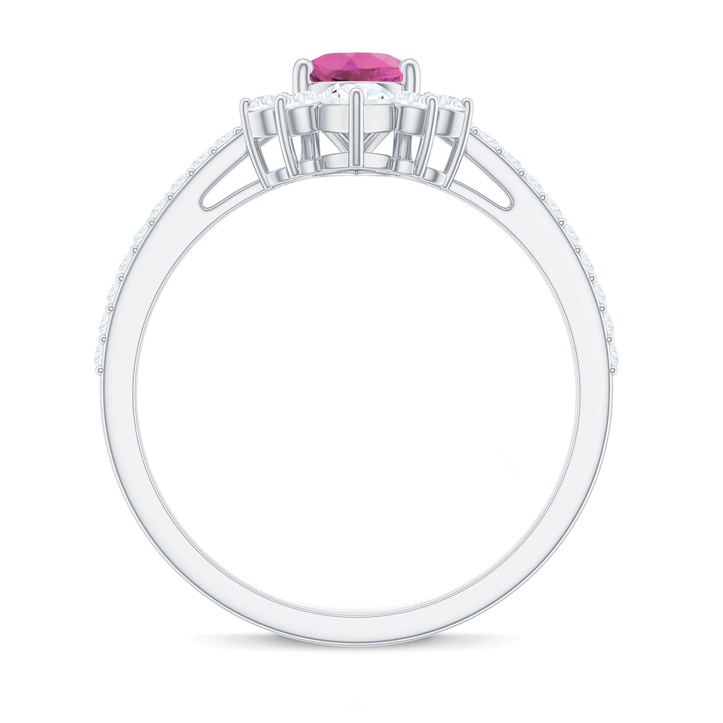 Pink Tourmaline Engagement Ring – Pear Shape Diamond Half Halo, Dainty Band