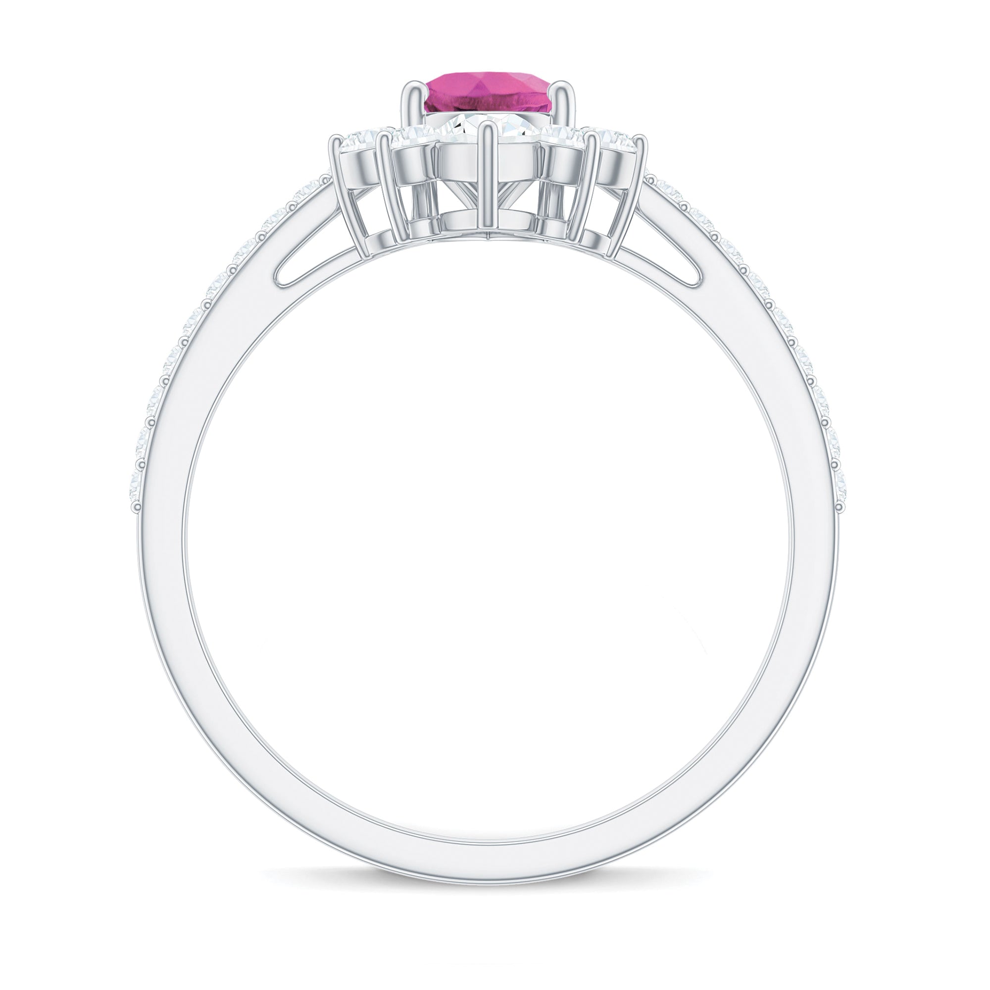 Pink Tourmaline Engagement Ring – Pear Shape Diamond Half Halo, Dainty Band