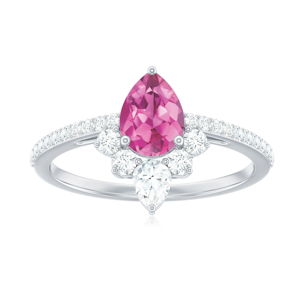 Pink Tourmaline Engagement Ring – Pear Shape Diamond Half Halo, Dainty Band
