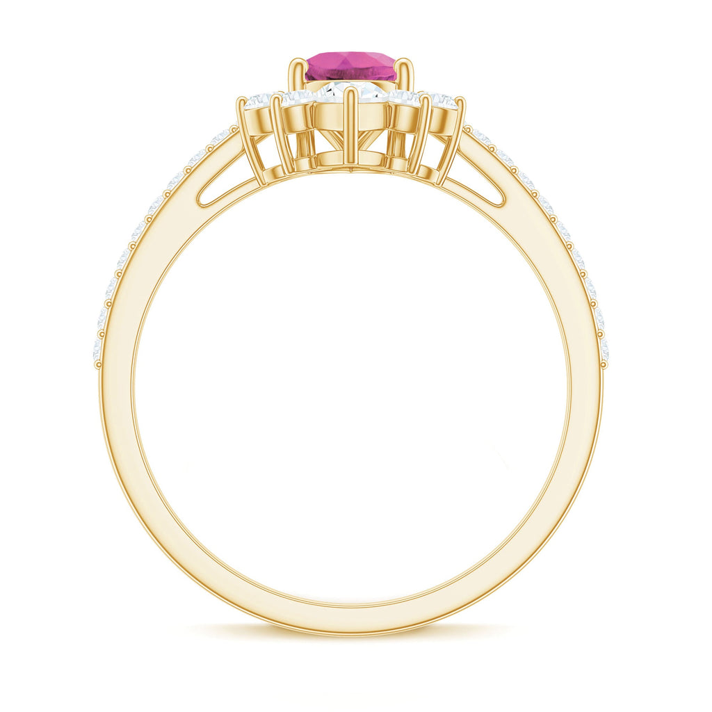 Pink Tourmaline Engagement Ring – Pear Shape Diamond Half Halo, Dainty Band