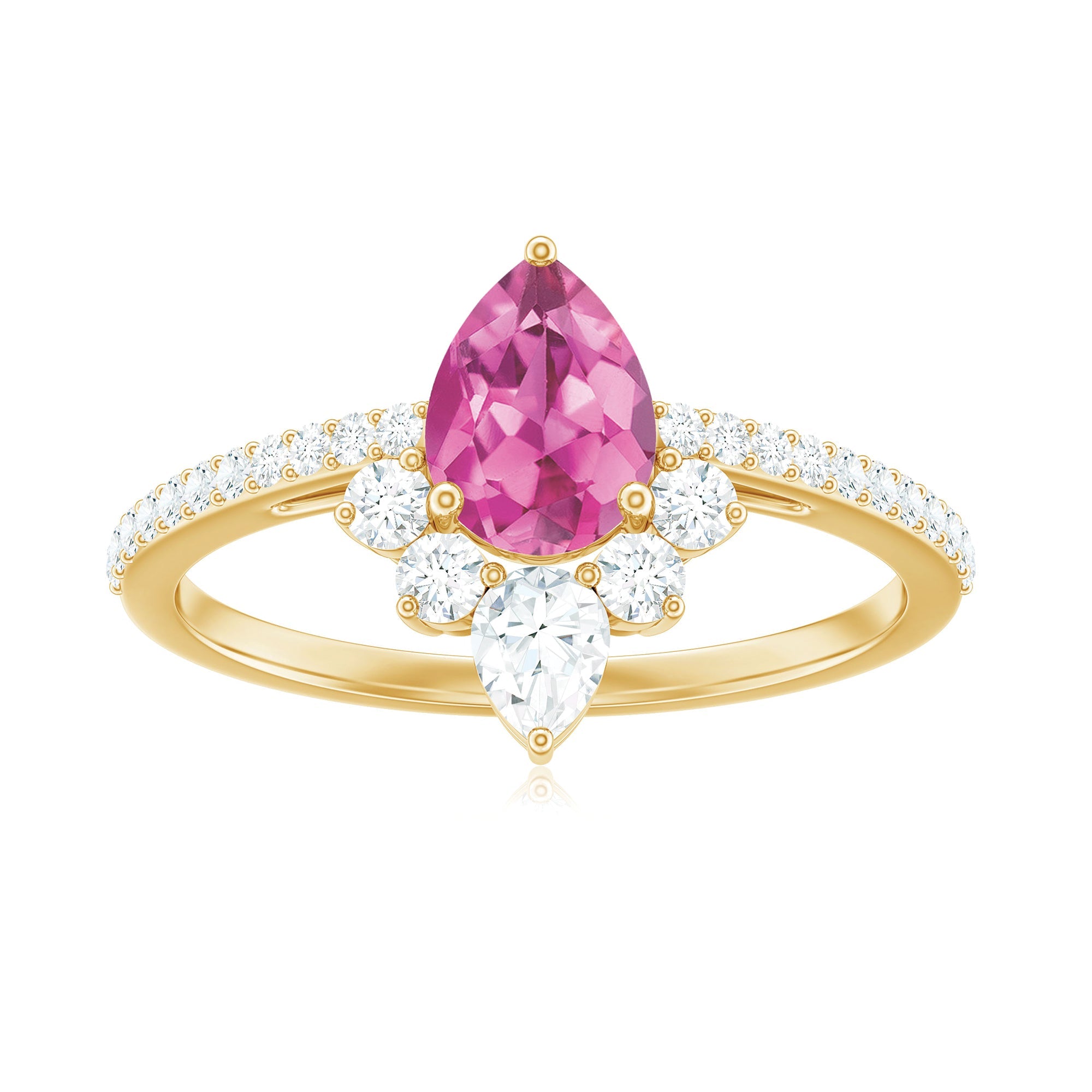 Pear shape pink tourmaline engagement ring with diamonds on a gold band