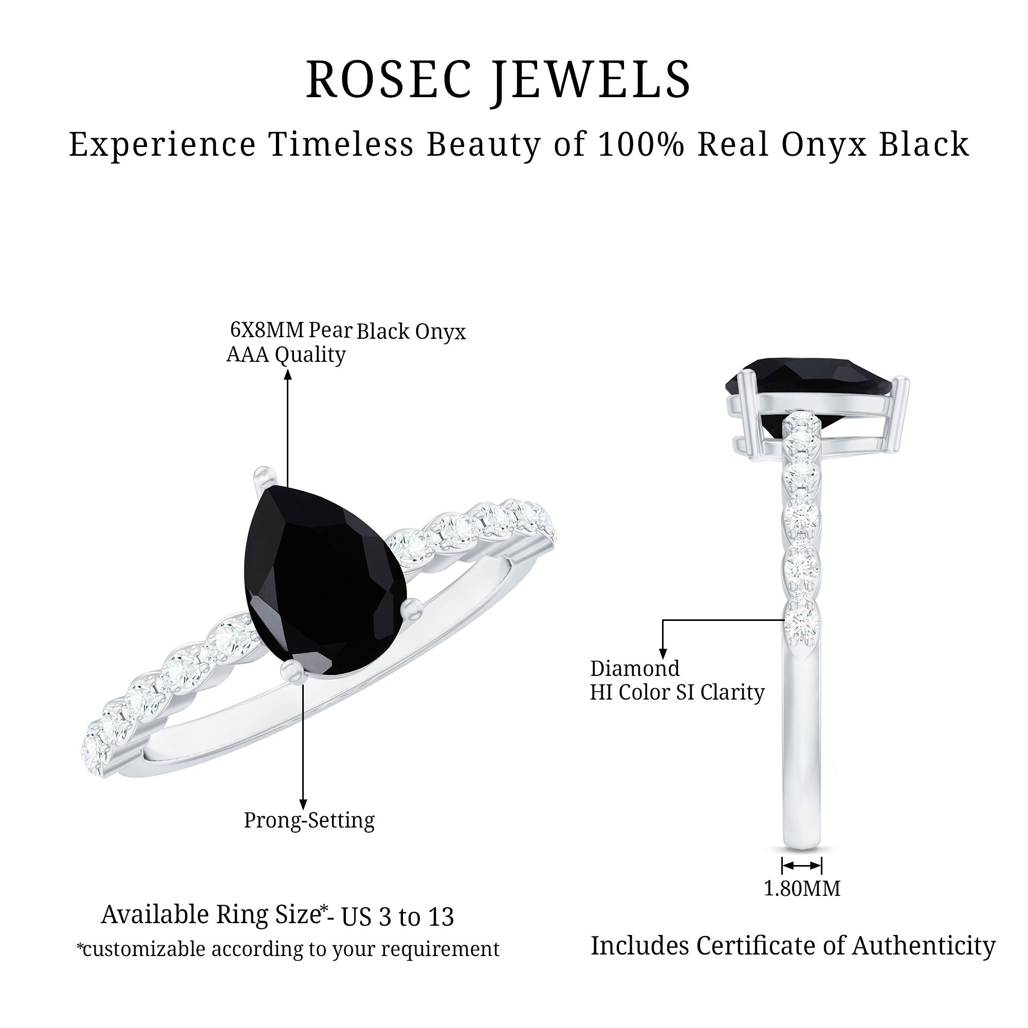 Pear Shape Black Onyx Solitaire Promise Ring with Diamond