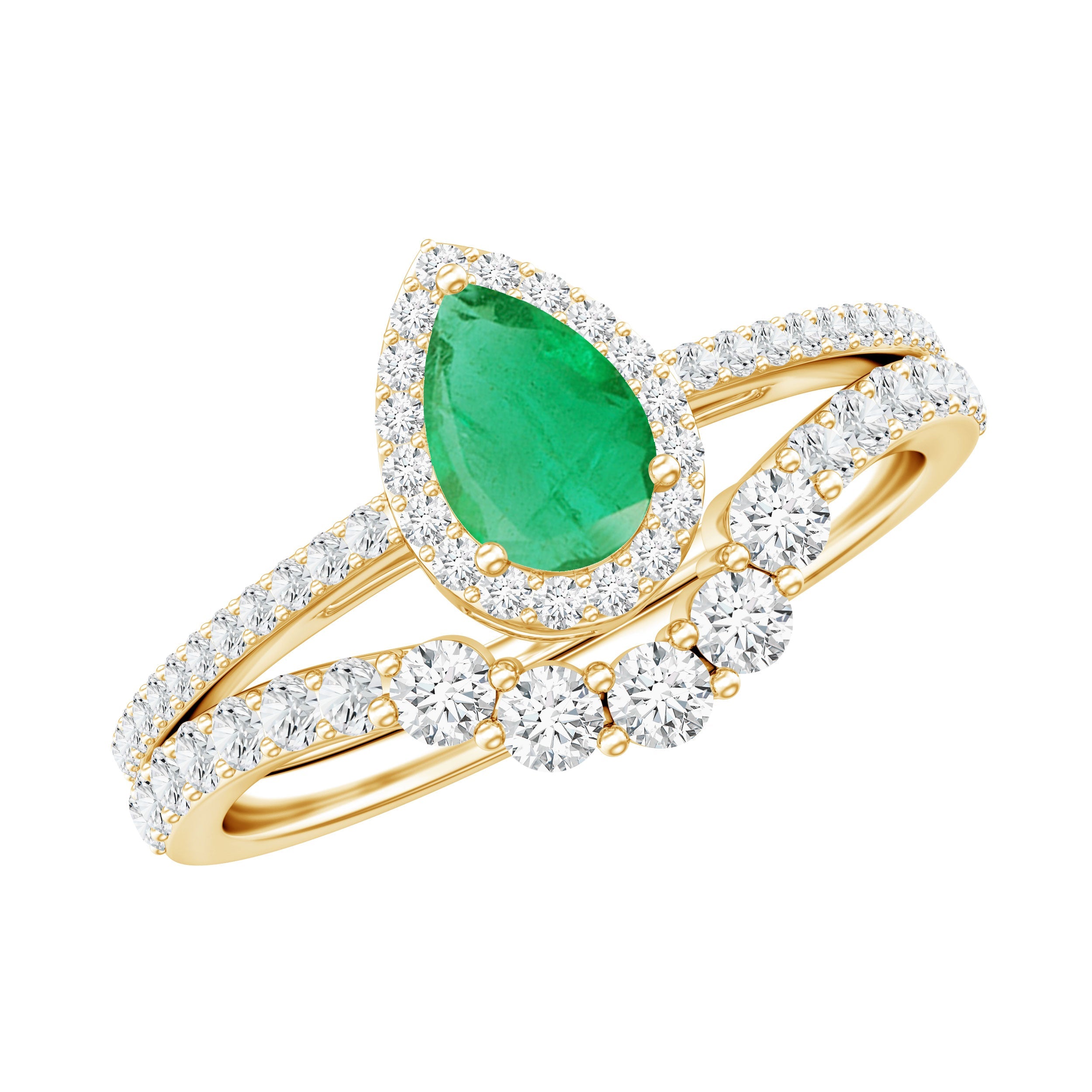 Emerald Engagement Ring Pear Shaped Ring Set – Diamond Wedding Band Duo