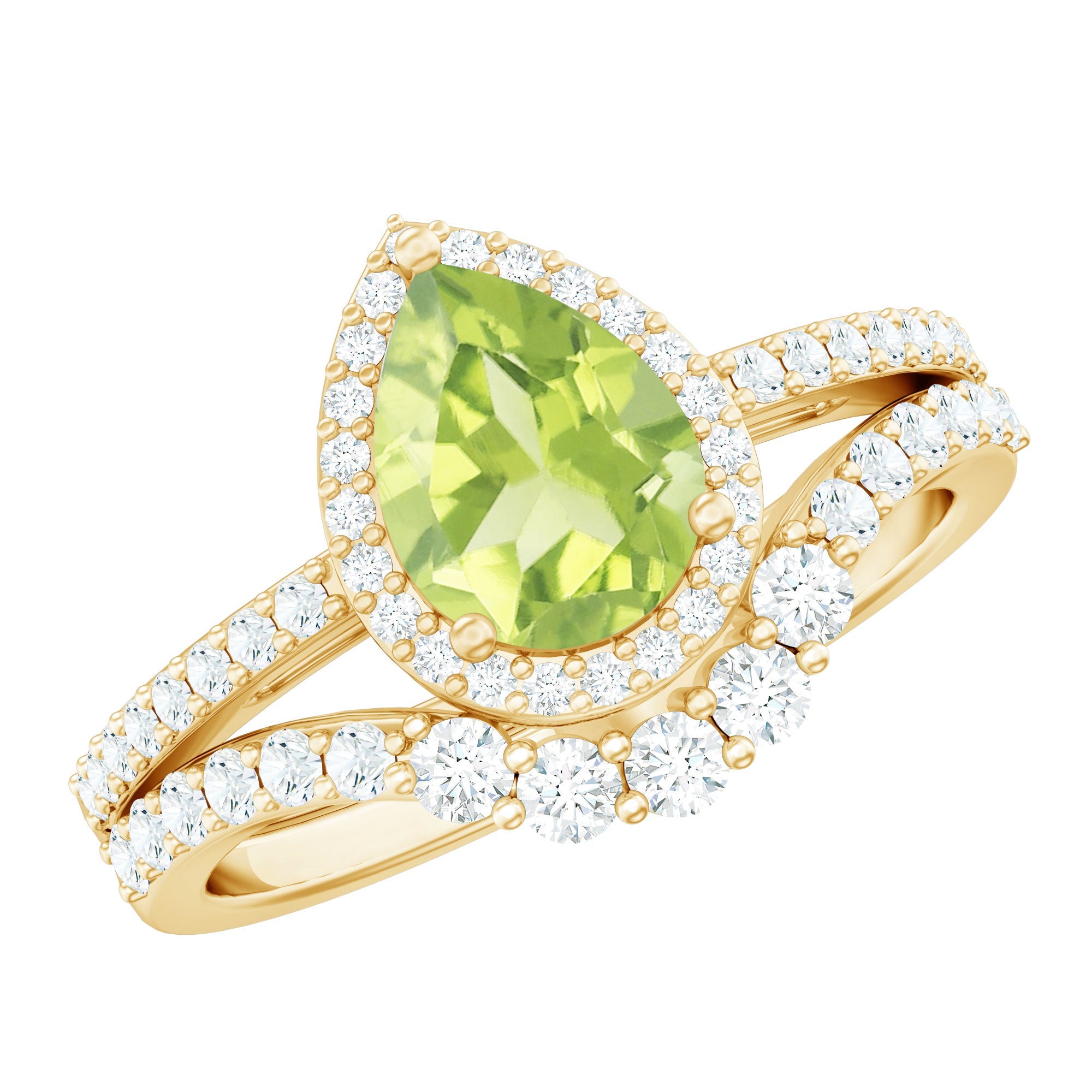 Peridot Engagement Ring Pear Shaped 1 Carat with Halo Moissanite Accent Stones