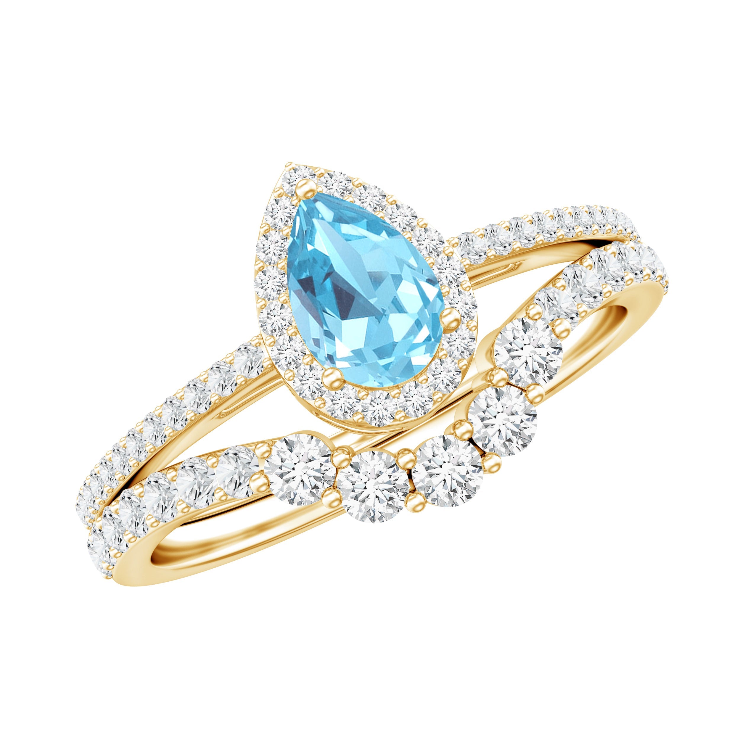 Aquamarine Bridal Ring Set – Pear Cut Aquamarine Diamond Halo Ring with Prong Setting