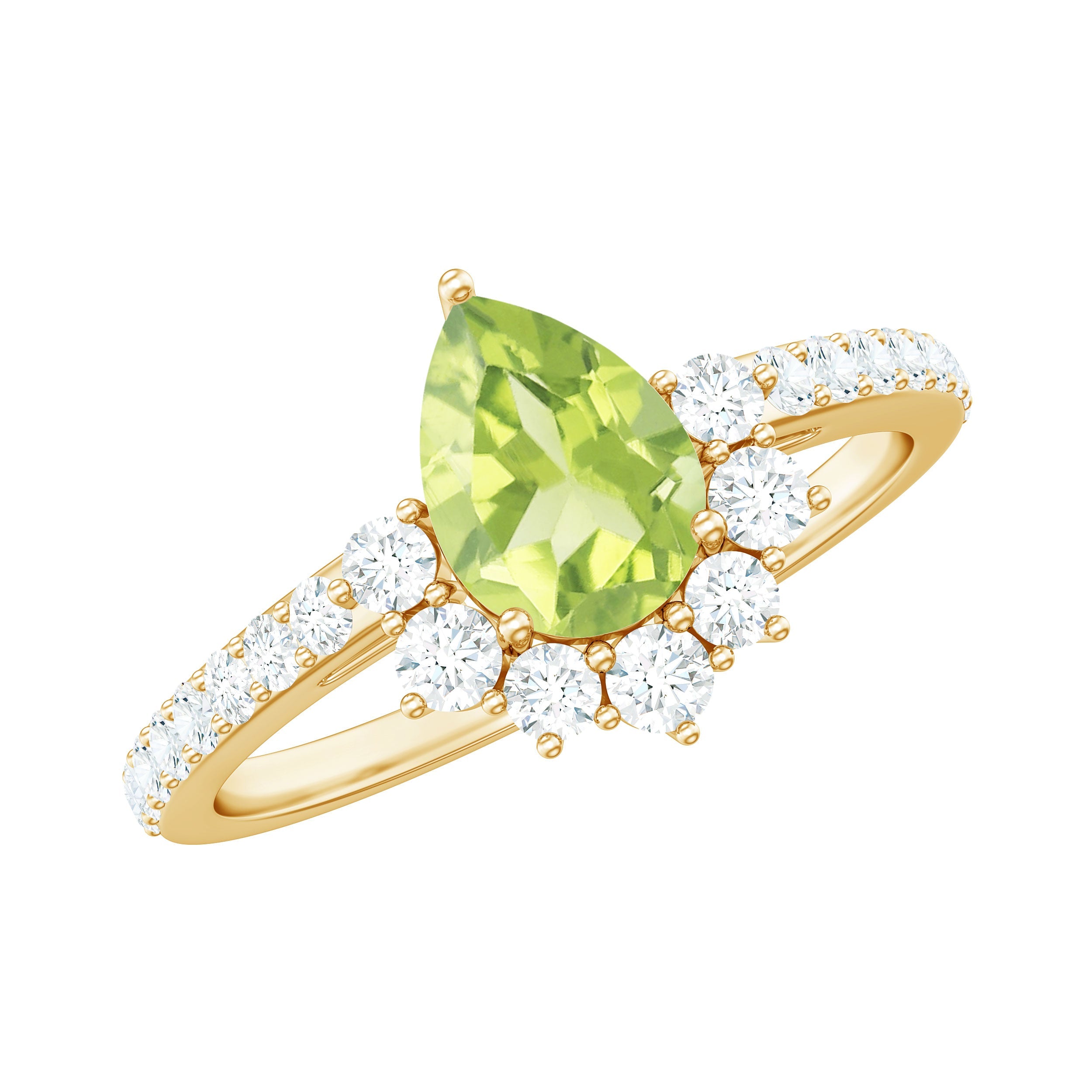 Peridot Engagement Ring – 1 Carat Pear Shaped Green Gemstone with Diamond Half Halo