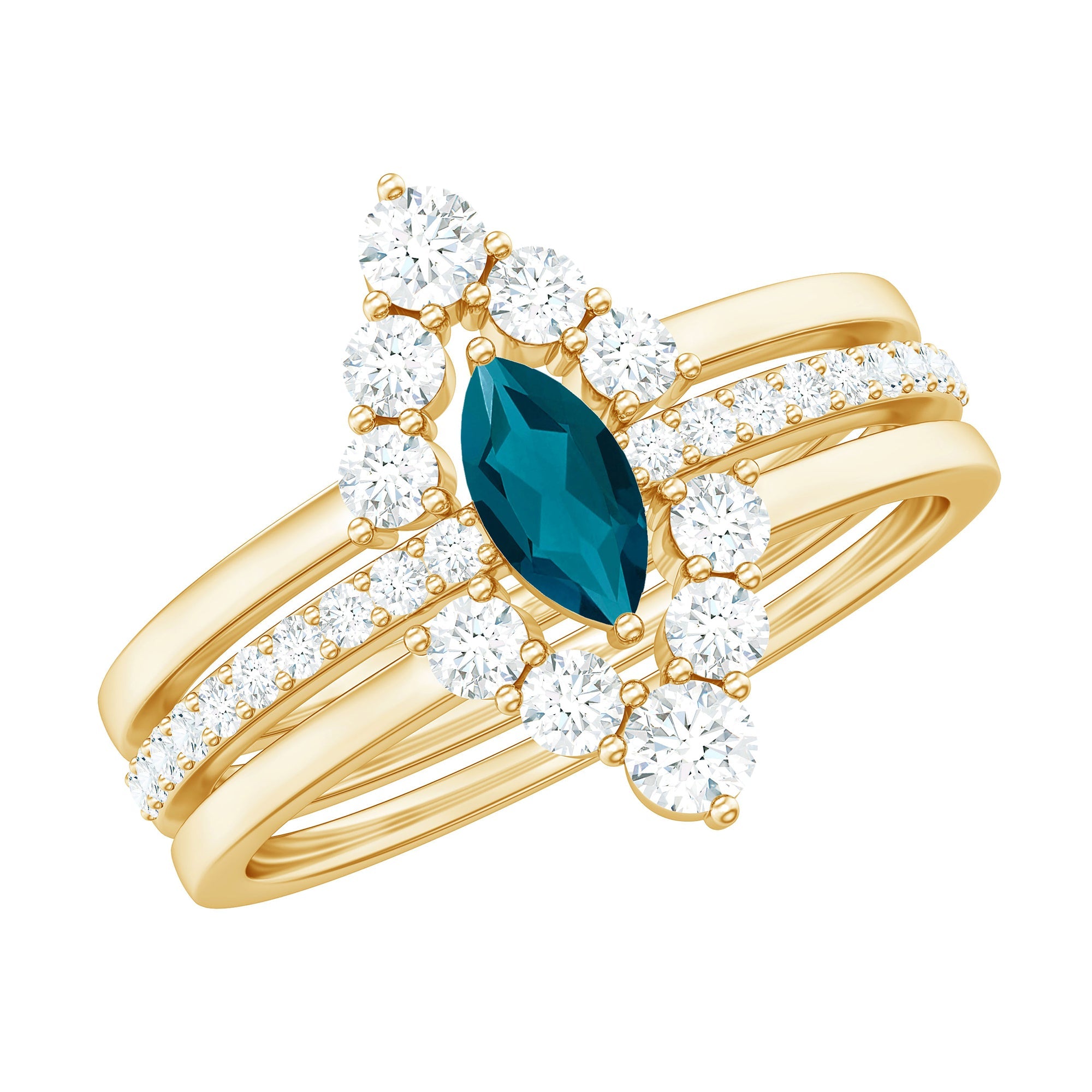Marquise London Blue Topaz Bridal Ring Set with 2 Diamond Ring Guards