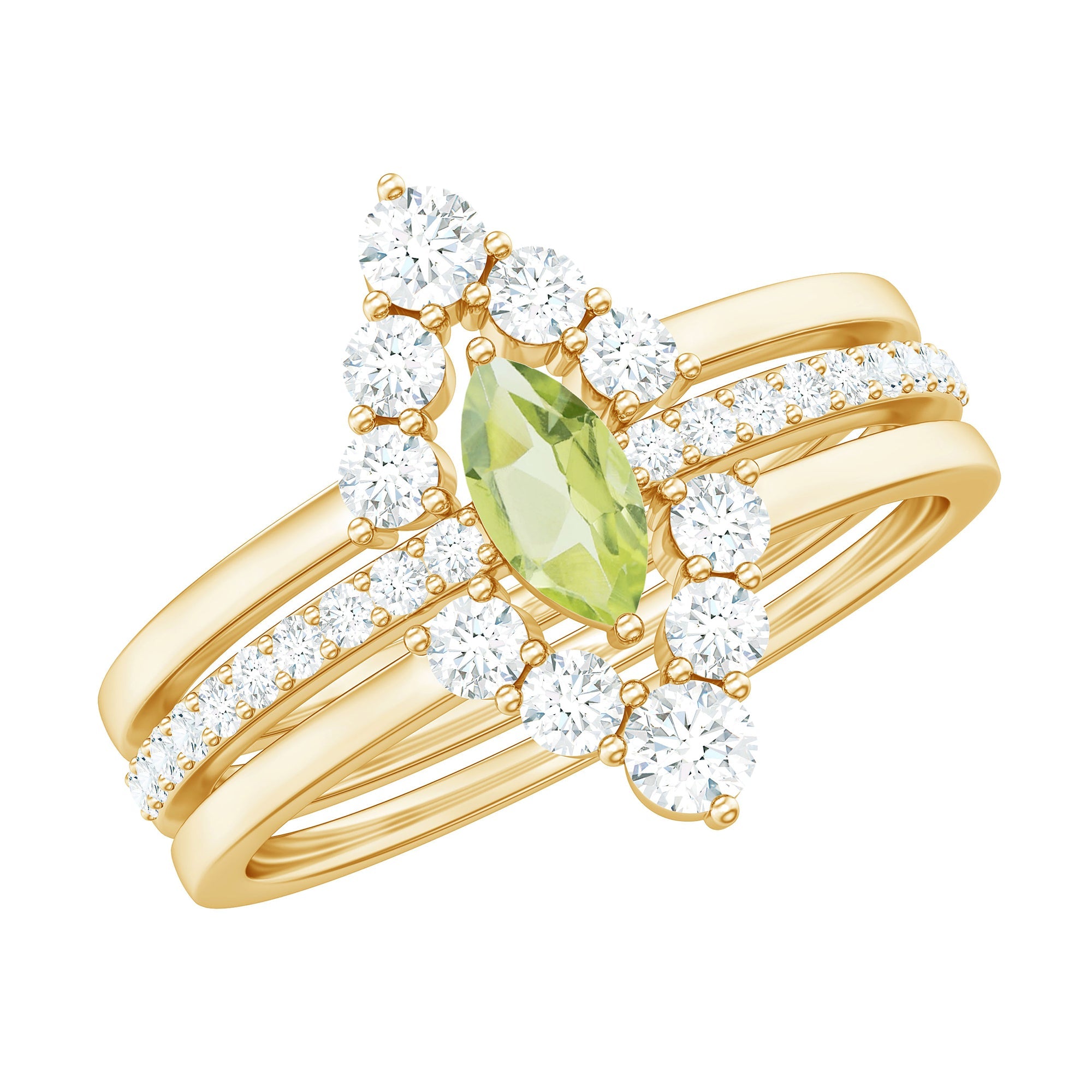 Peridot Solitaire Ring Marquise Cut Trio Set - Moissanite Gems, AAA Quality