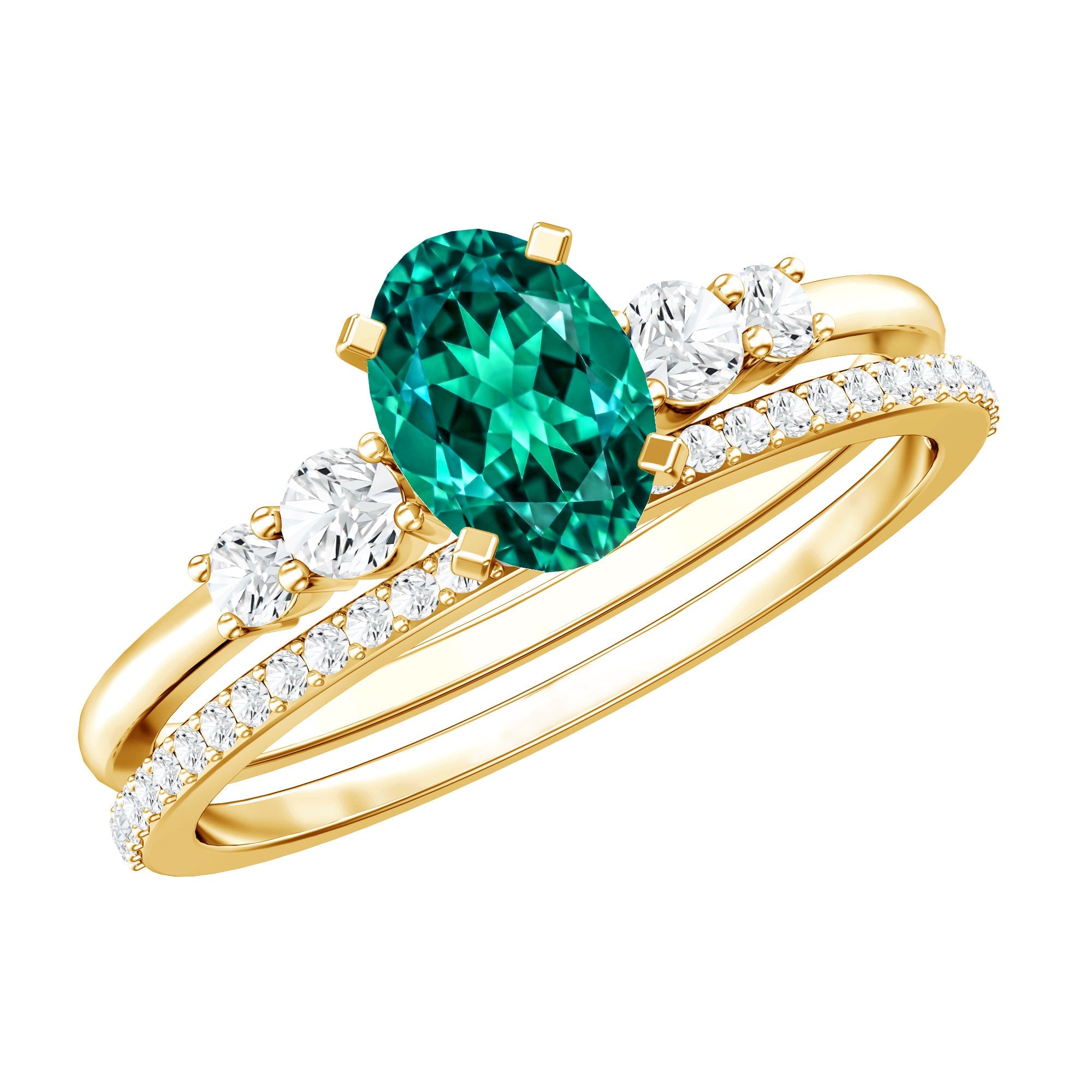 Lab Grown Emerald Ring – Oval Solitaire Engagement Ring With Diamond Wedding Band