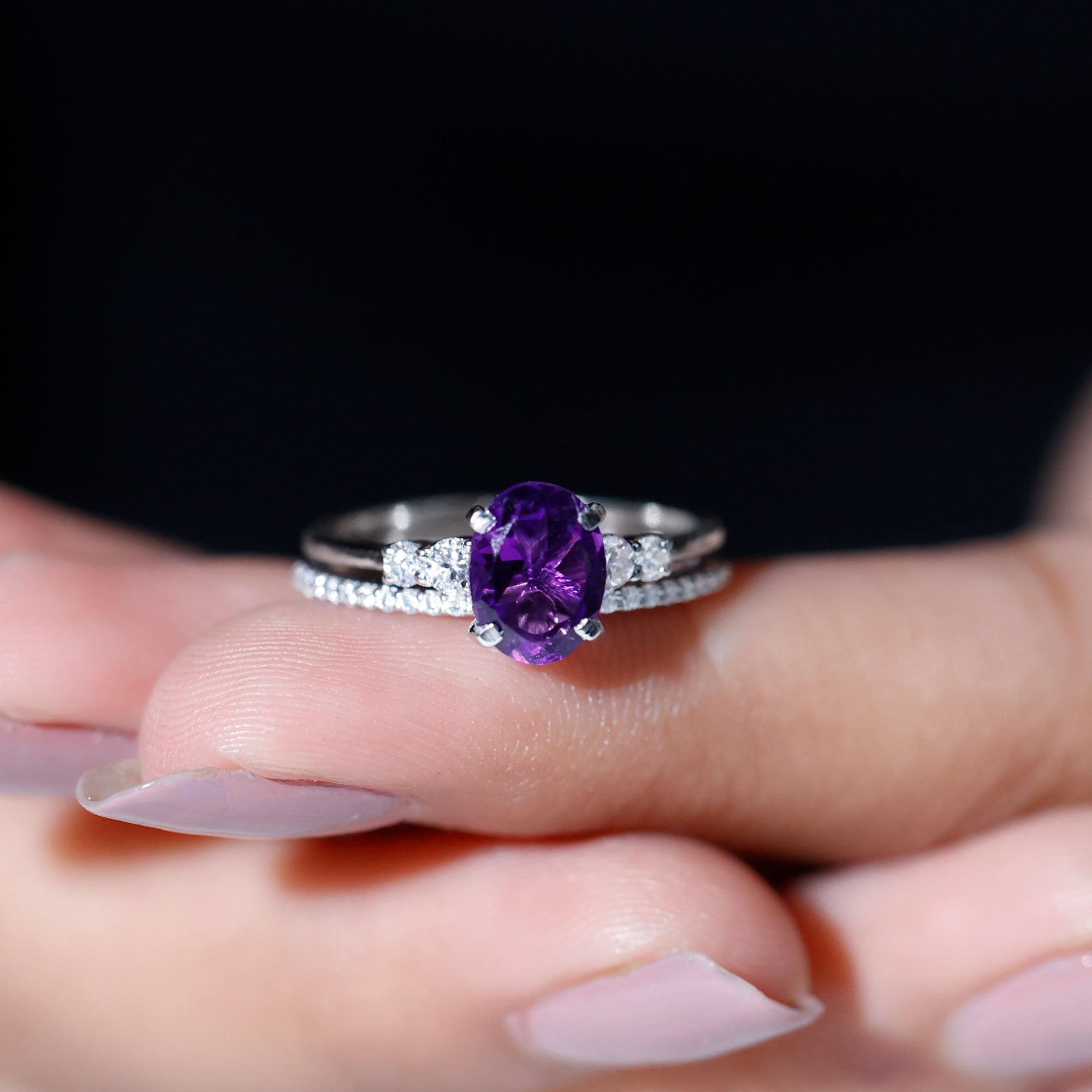 1 Carat Amethyst Diamond Oval Engagement Ring with Wedding Band