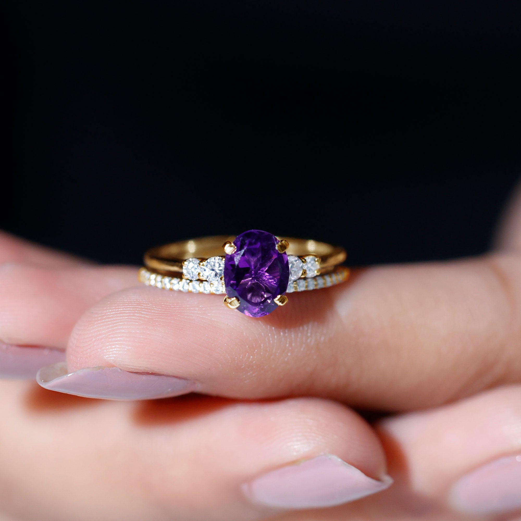 1 Carat Amethyst Diamond Oval Engagement Ring with Wedding Band