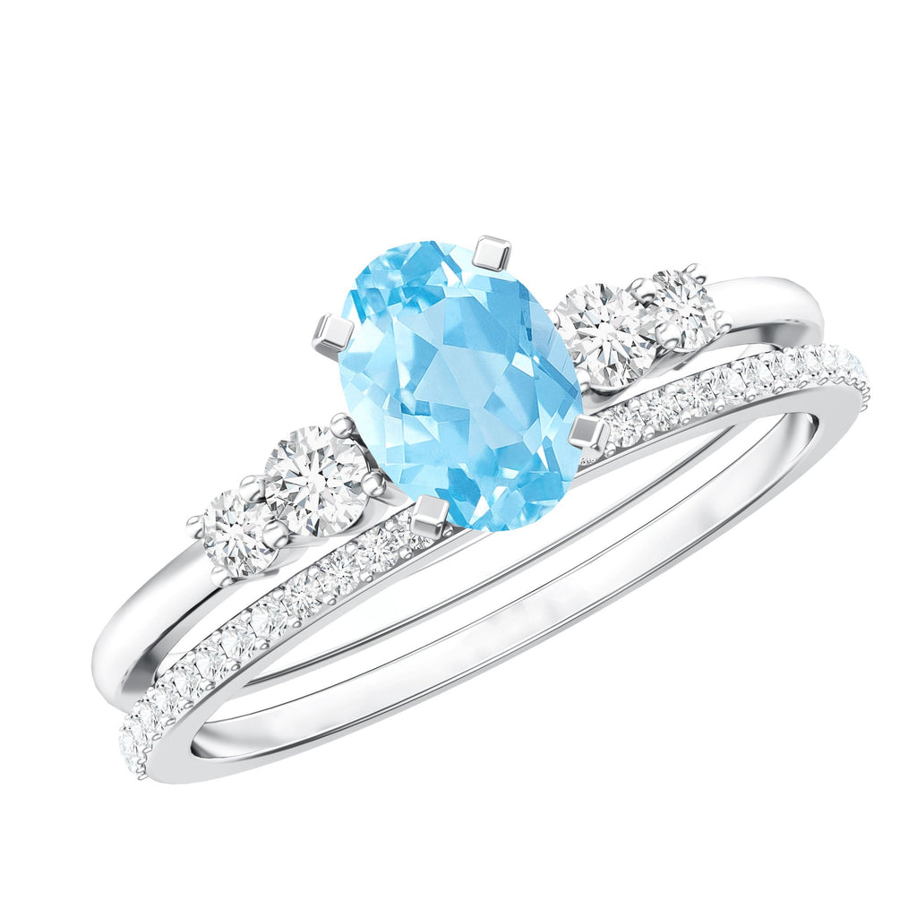 Aquamarine Wedding Ring – 1 Carat Oval Blue Gemstone With Diamond Band