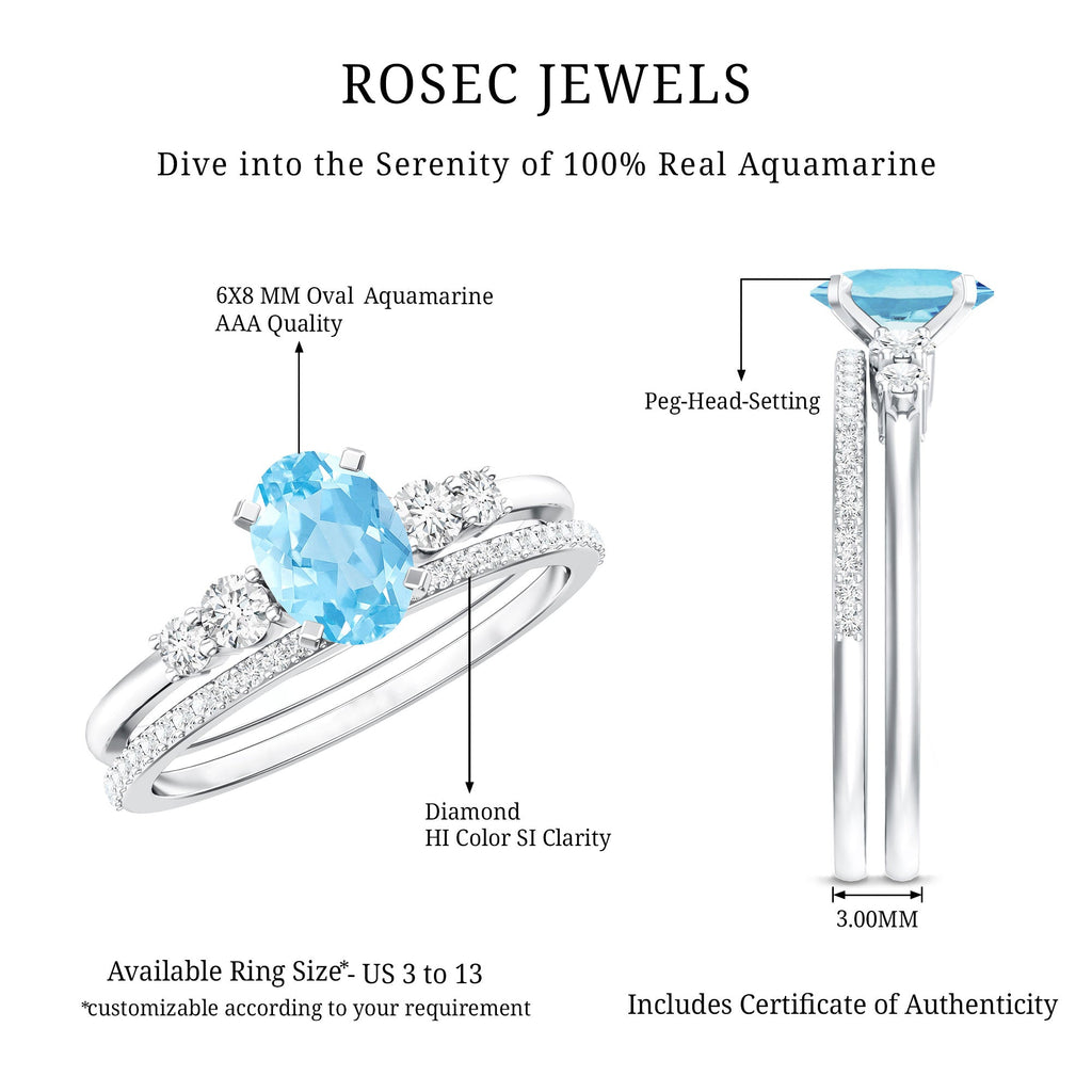 Aquamarine Wedding Ring – 1 Carat Oval Blue Gemstone With Diamond Band