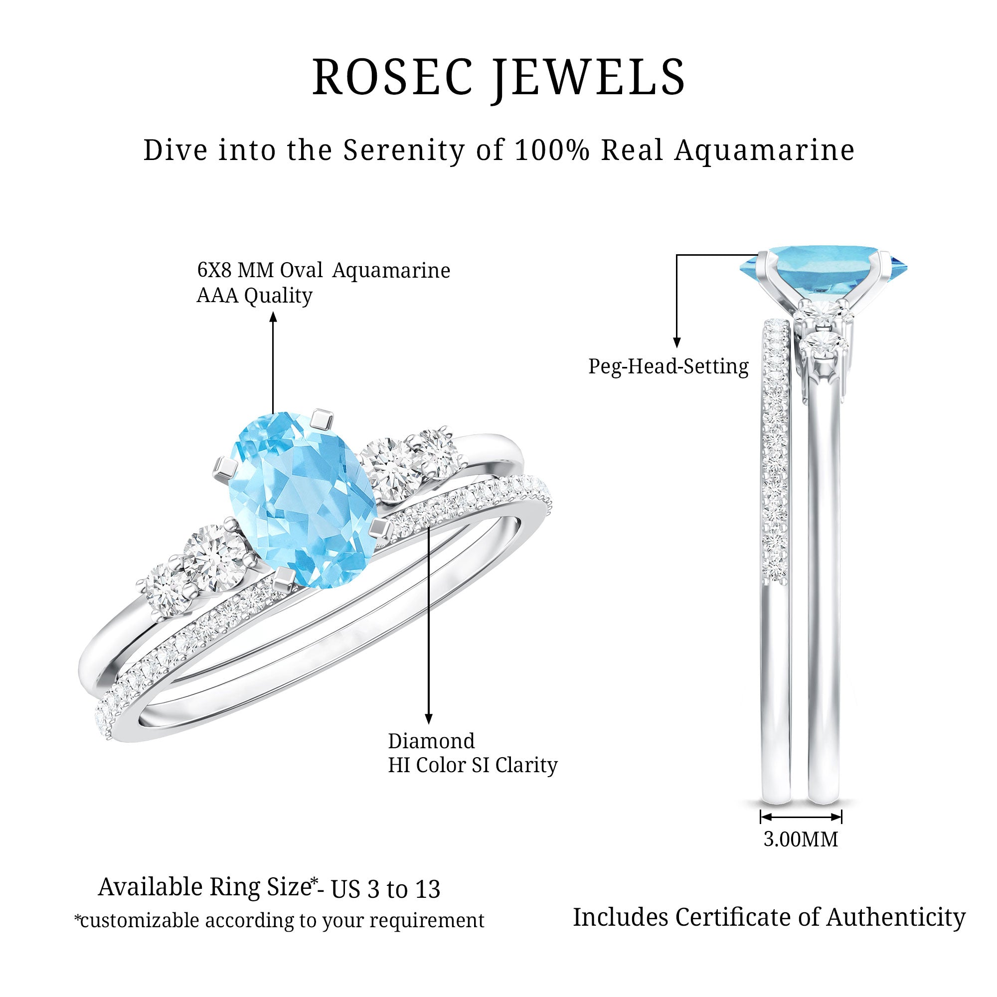 Aquamarine Wedding Ring – 1 Carat Oval Blue Gemstone With Diamond Band
