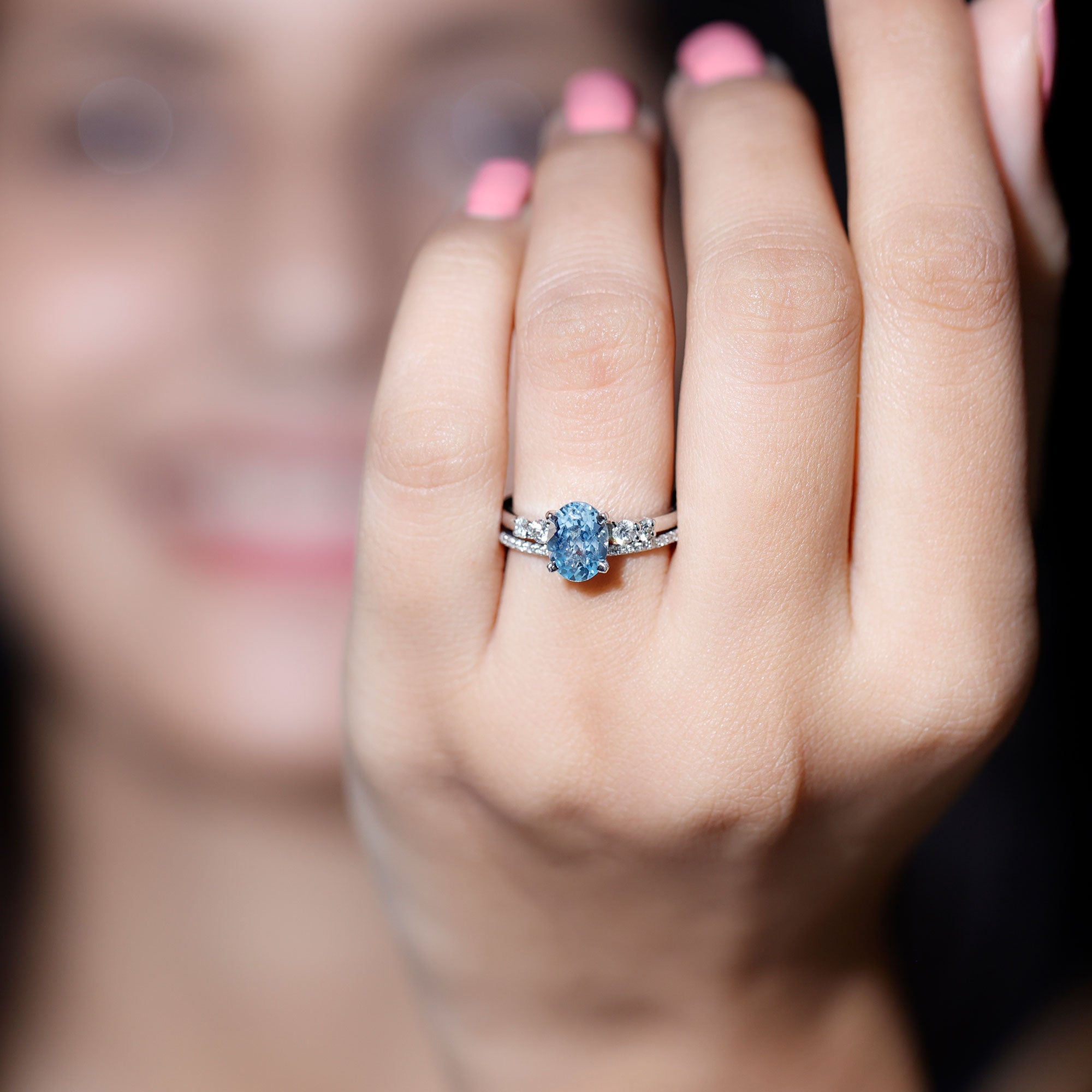 Aquamarine Wedding Ring – 1 Carat Oval Blue Gemstone With Diamond Band