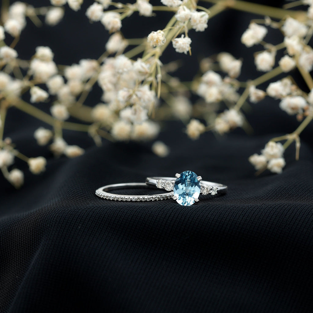 Aquamarine Wedding Ring – 1 Carat Oval Blue Gemstone With Diamond Band