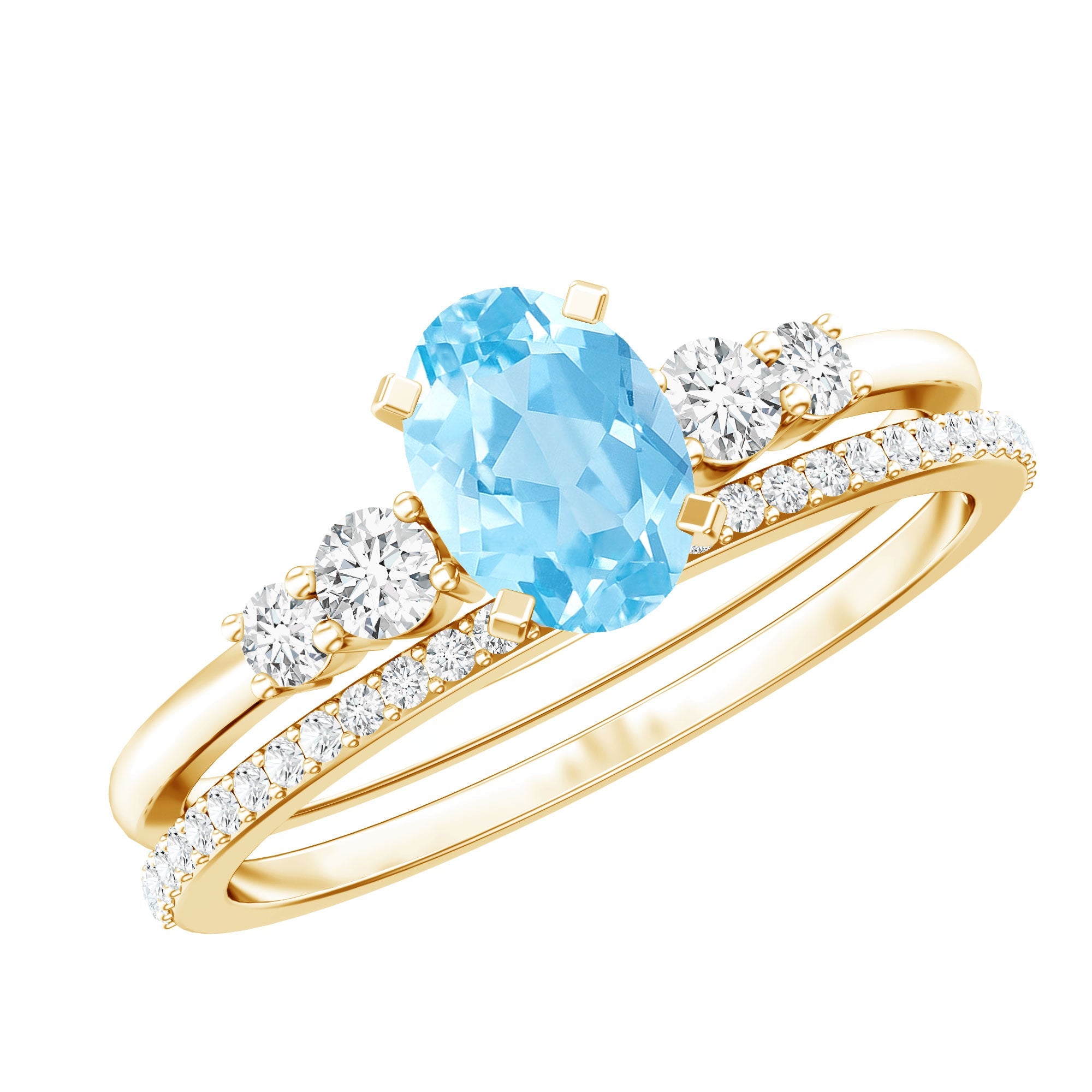 Aquamarine Wedding Ring – 1 Carat Oval Blue Gemstone With Diamond Band
