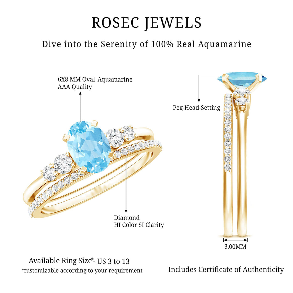 Aquamarine Wedding Ring – 1 Carat Oval Blue Gemstone With Diamond Band
