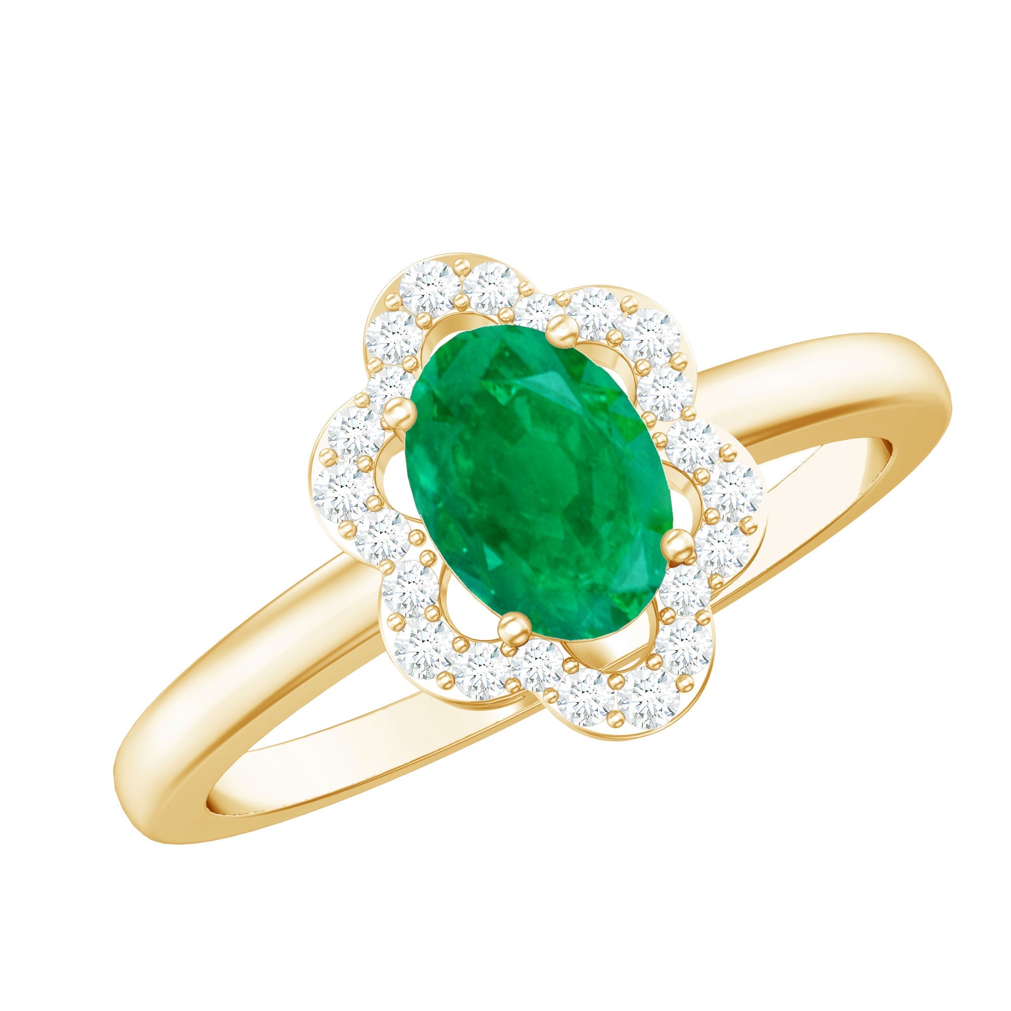Oval Emerald Engagement Ring – Diamond Halo Floral Design, 0.7 Carat Natural Emerald