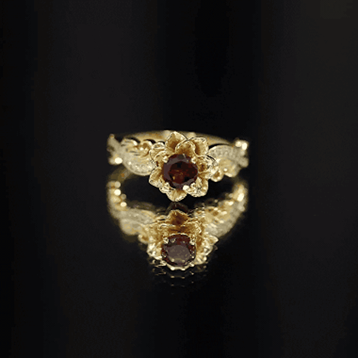 Vintage Garnet Engagement Ring – 14K Gold Plated Floral Design with Moissanite Accents