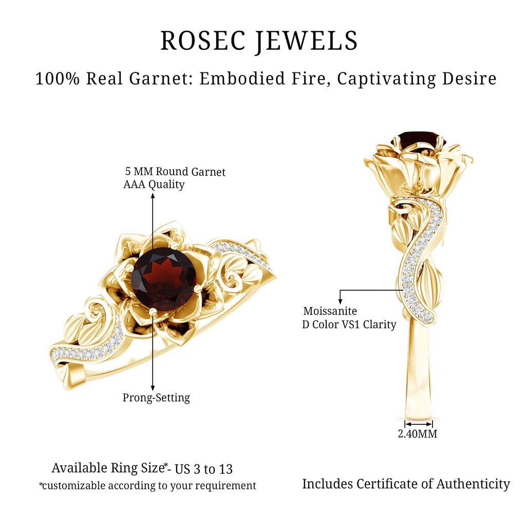 Vintage Garnet Engagement Ring – 14K Gold Plated Floral Design with Moissanite Accents