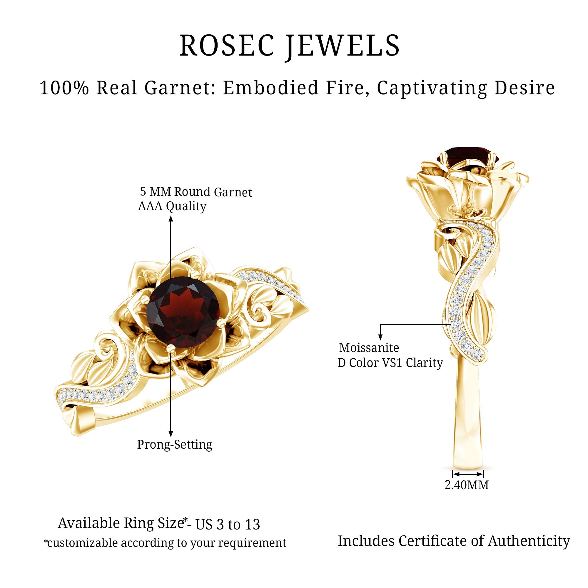 Vintage Garnet Engagement Ring – 14K Gold Plated Floral Design with Moissanite Accents