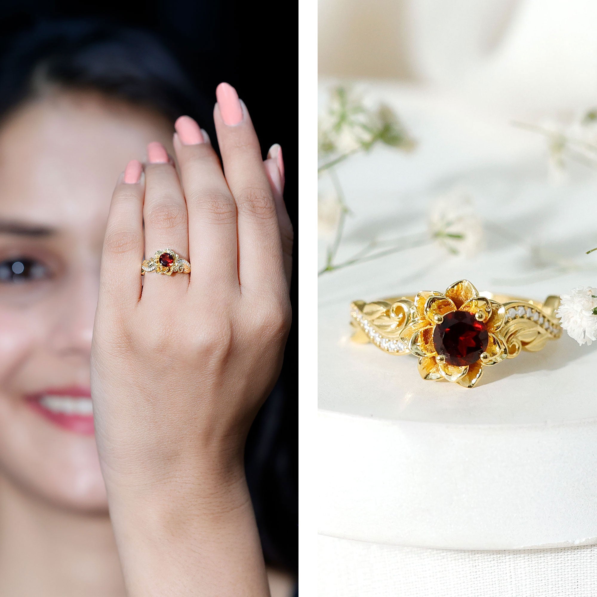 Vintage Garnet Engagement Ring – 14K Gold Plated Floral Design with Moissanite Accents