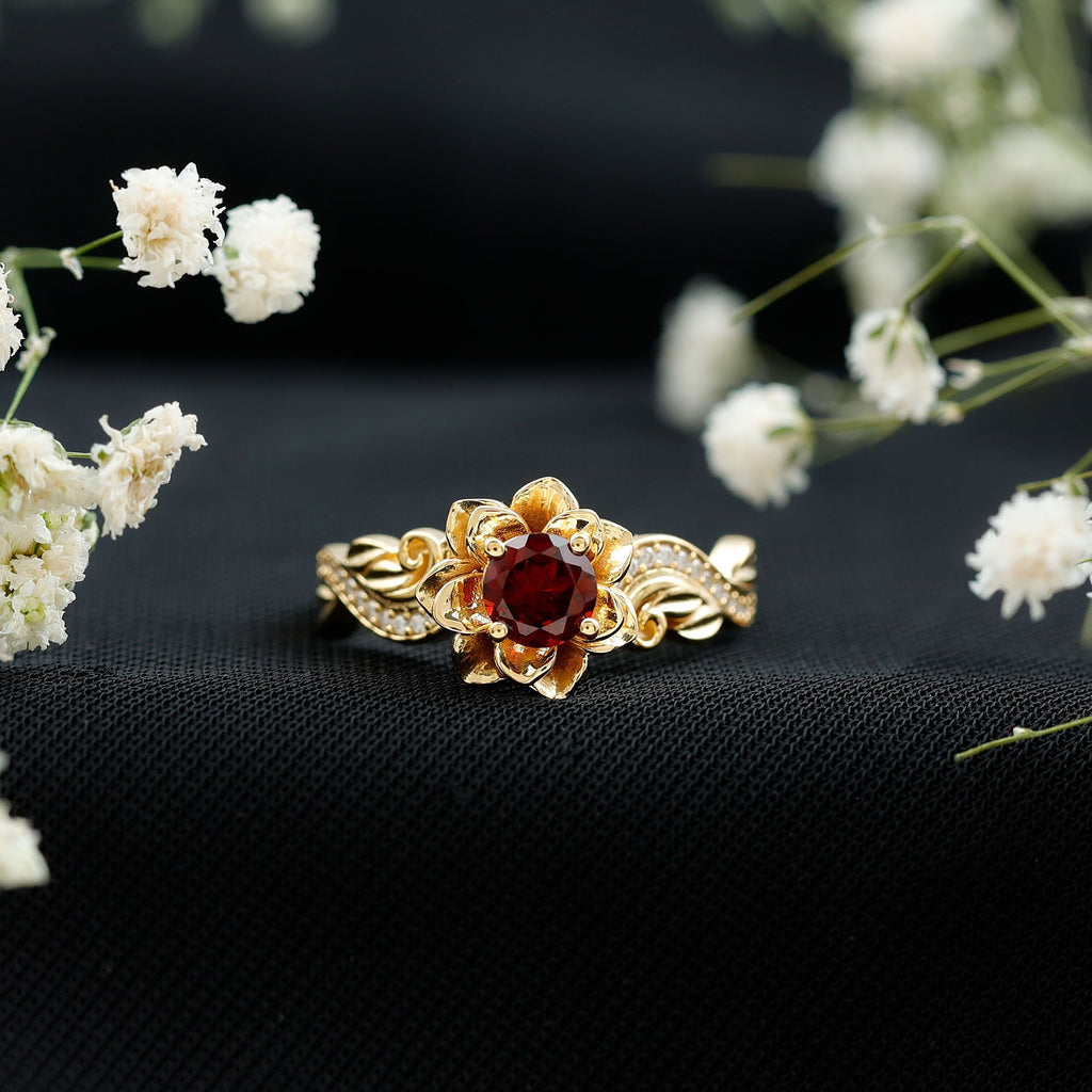 Vintage Garnet Engagement Ring – 14K Gold Plated Floral Design with Moissanite Accents