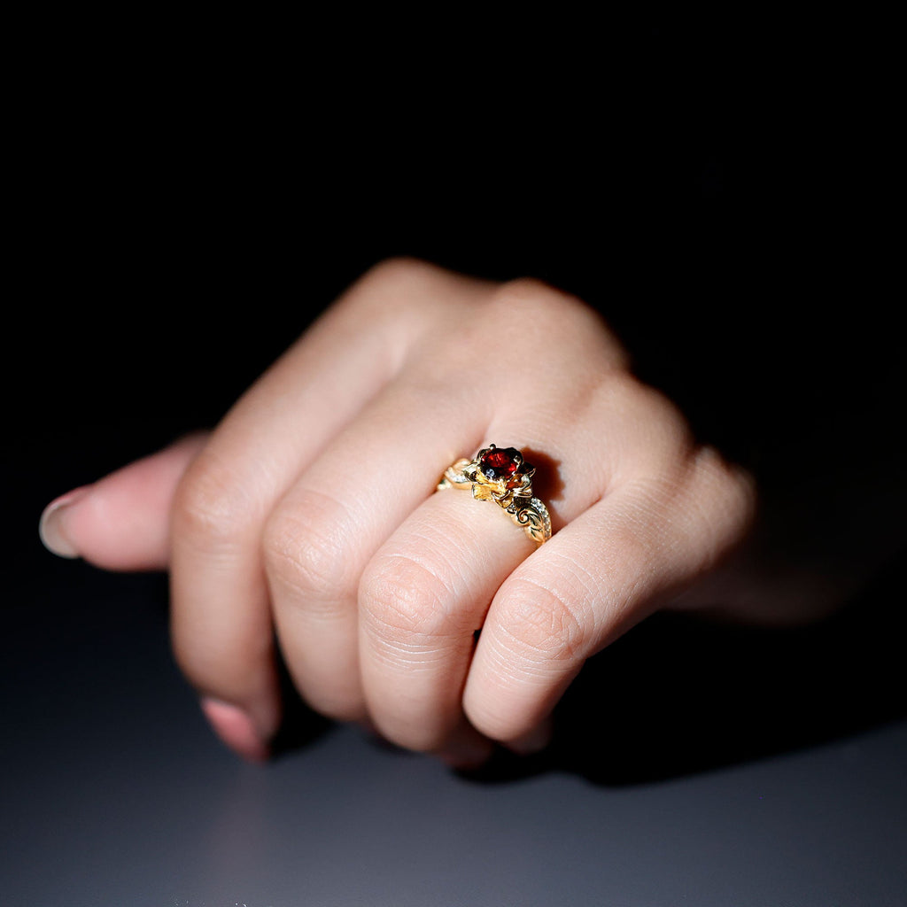 Vintage Garnet Engagement Ring – 14K Gold Plated Floral Design with Moissanite Accents
