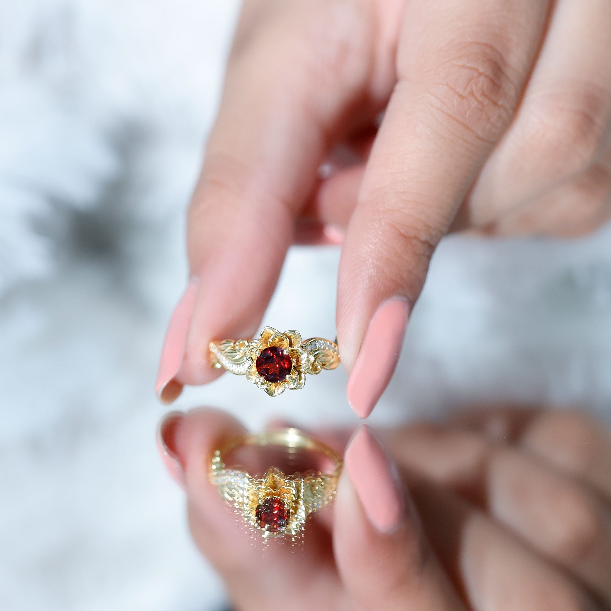 Vintage Garnet Engagement Ring – 14K Gold Plated Floral Design with Moissanite Accents