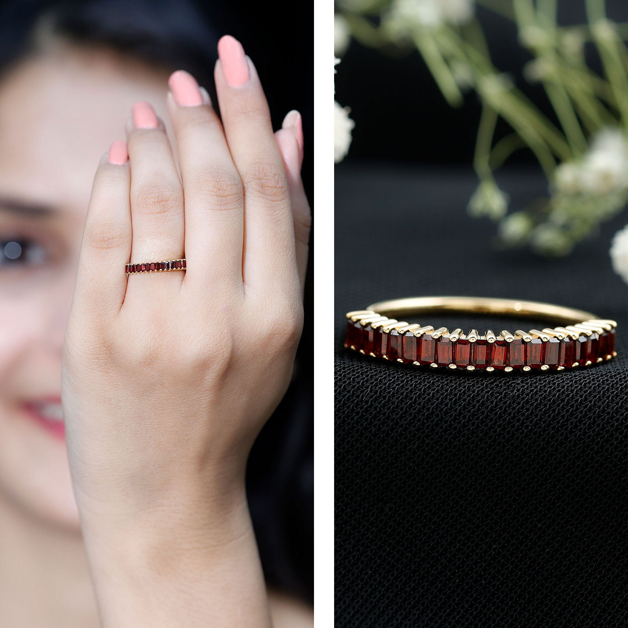 Garnet Eternity Ring – Half Eternity Band With AAA Quality Baguette Garnet