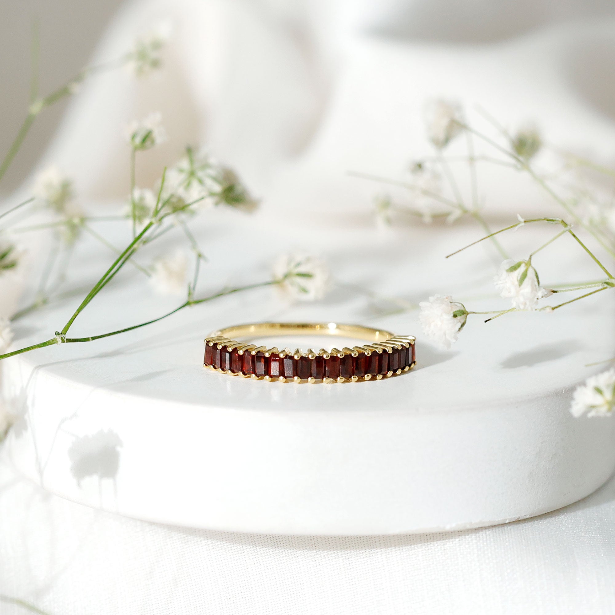 Garnet Eternity Ring – Half Eternity Band With AAA Quality Baguette Garnet