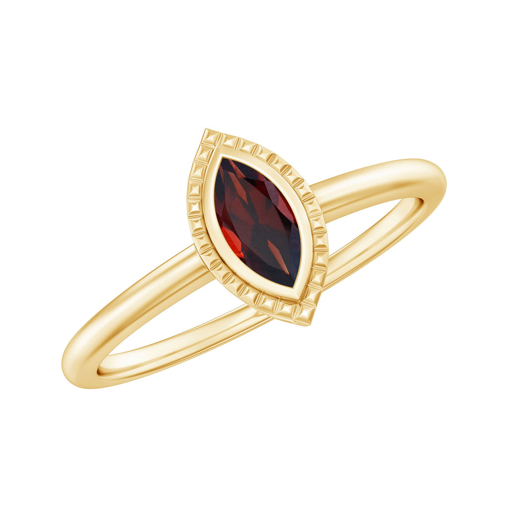 Marquise Garnet Promise Ring – Yellow Gold Bezel Set Solitaire Ring with Engraved Design