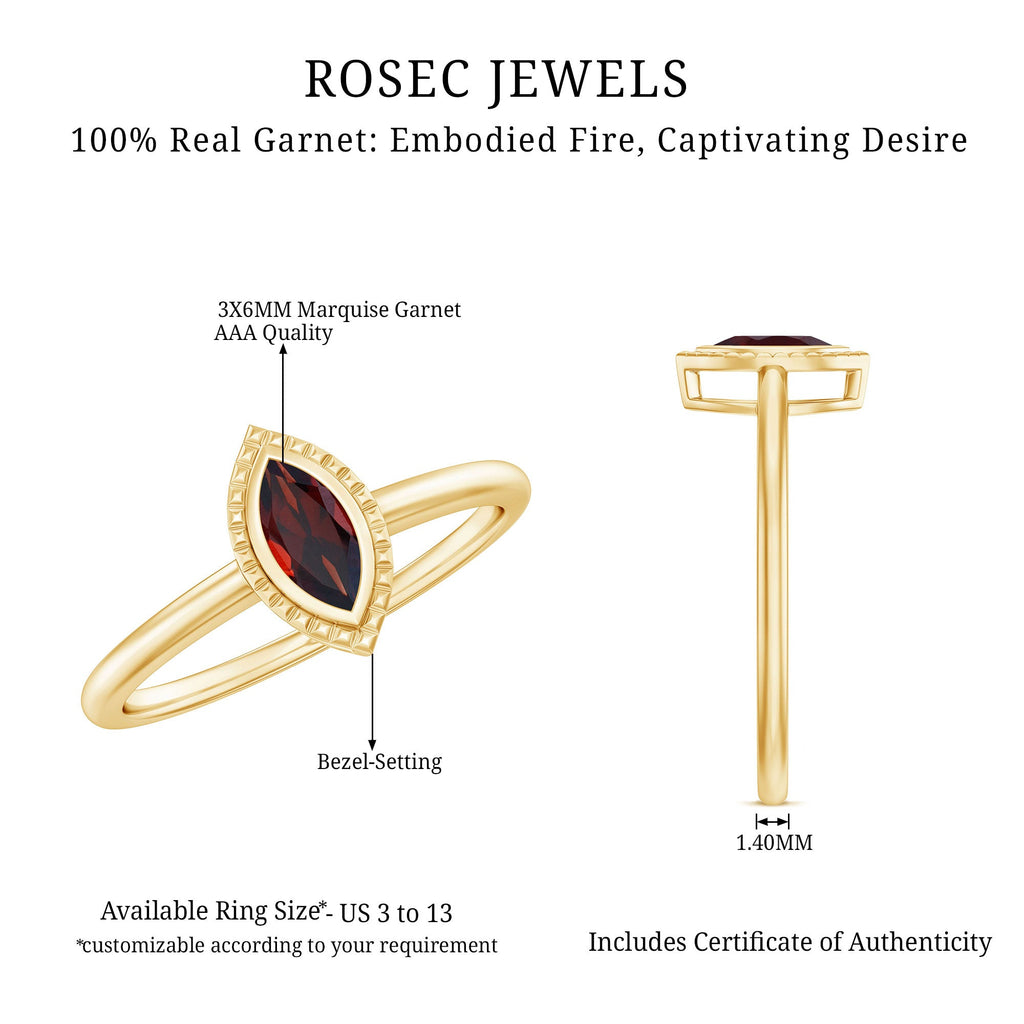 Marquise Garnet Promise Ring – Yellow Gold Bezel Set Solitaire Ring with Engraved Design