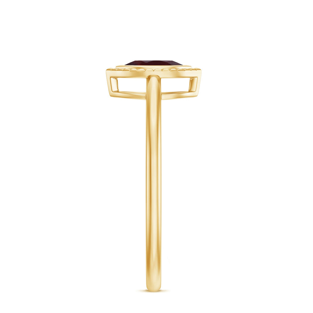 Marquise Garnet Promise Ring – Yellow Gold Bezel Set Solitaire Ring with Engraved Design