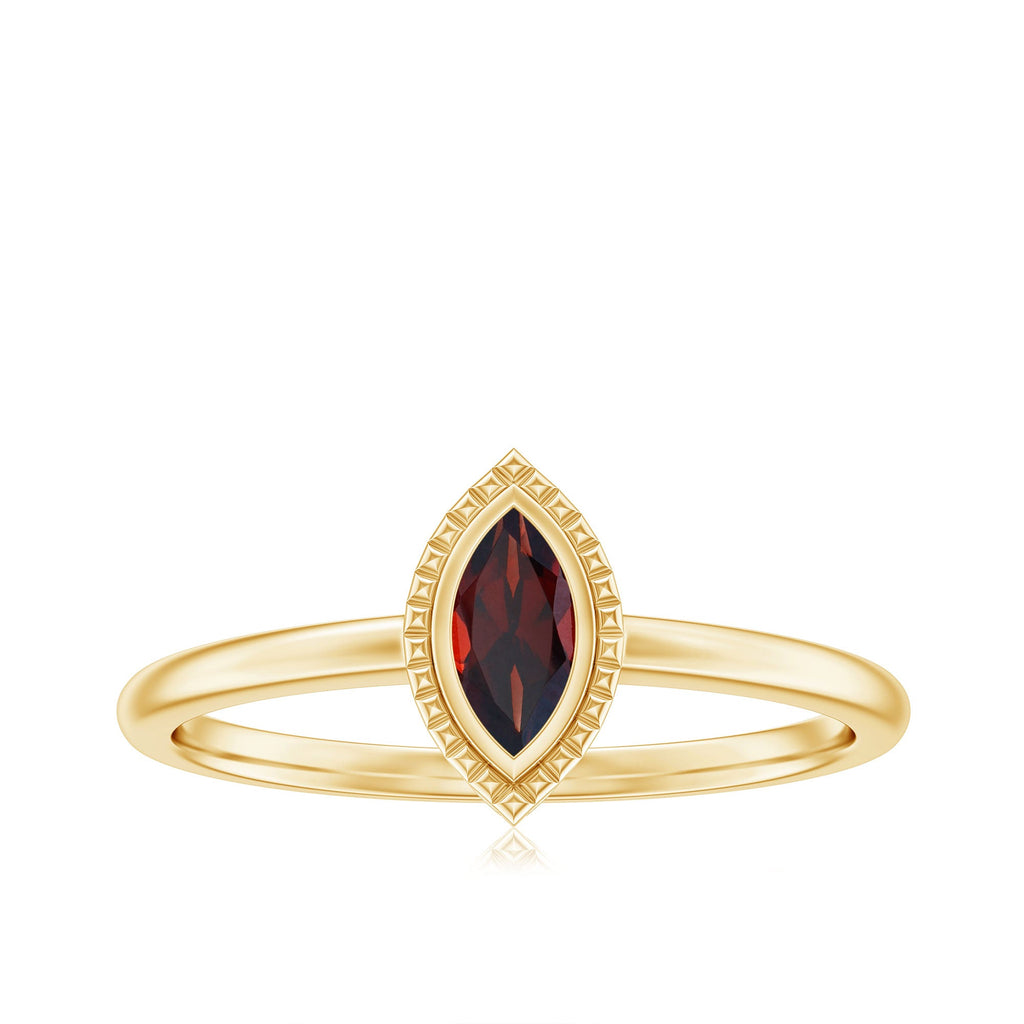 Marquise Garnet Promise Ring – Yellow Gold Bezel Set Solitaire Ring with Engraved Design