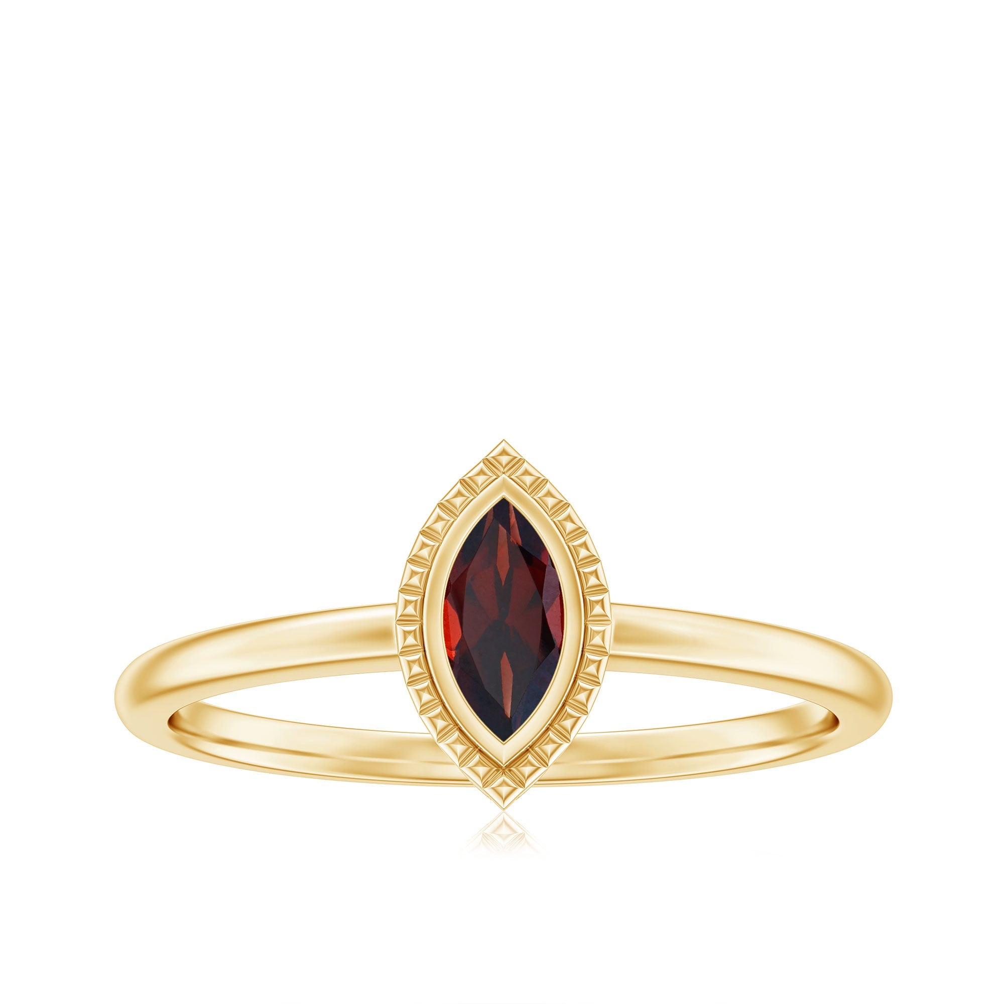 Marquise Garnet Promise Ring – Yellow Gold Bezel Set Solitaire Ring with Engraved Design