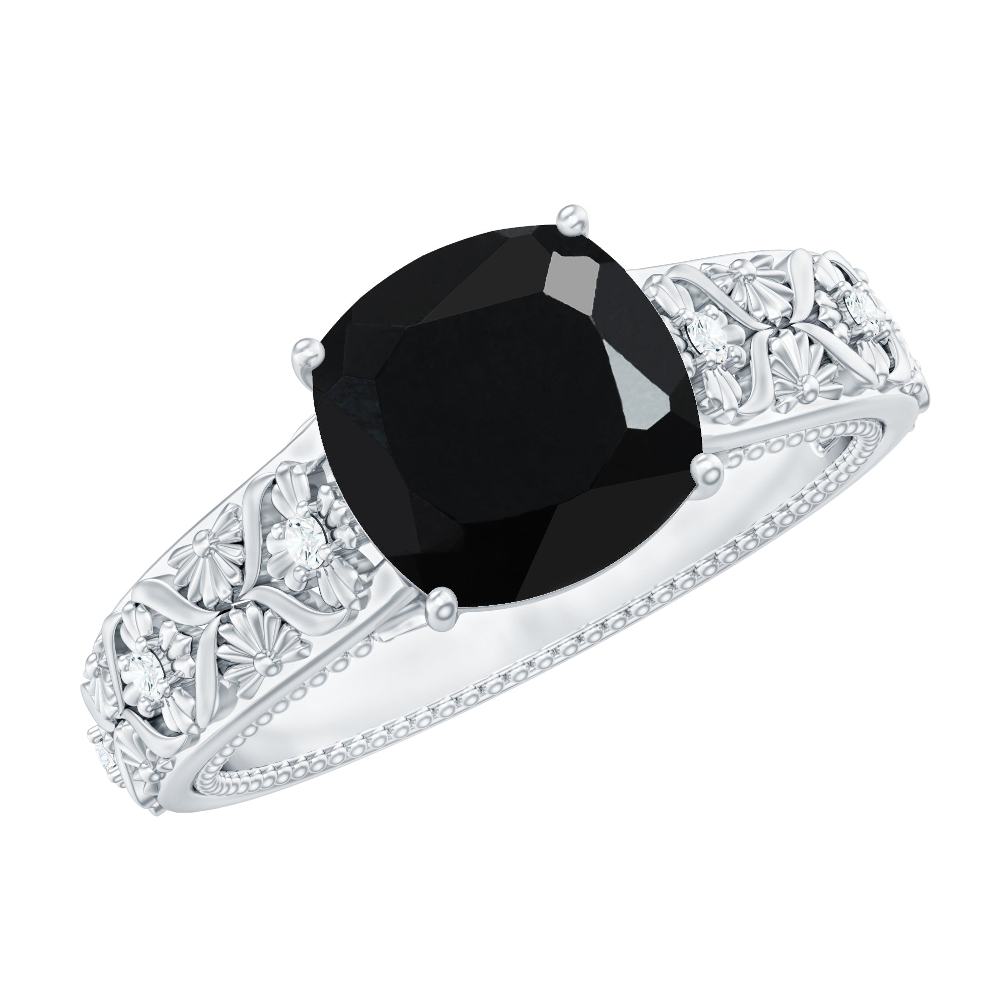 Genuine 2 Carat Black Spinel Vintage Engagement Ring with Diamond