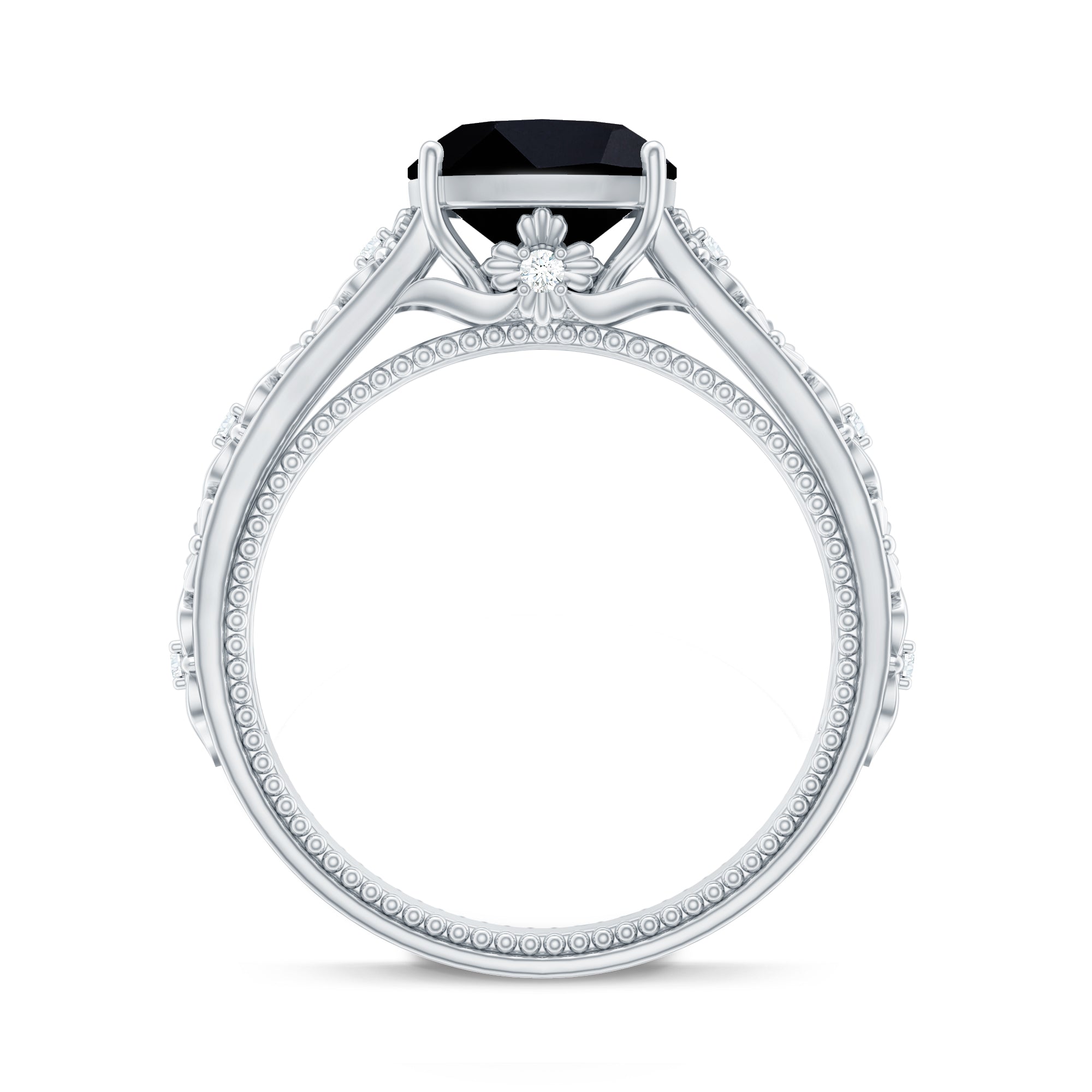 Genuine 2 Carat Black Spinel Vintage Engagement Ring with Diamond