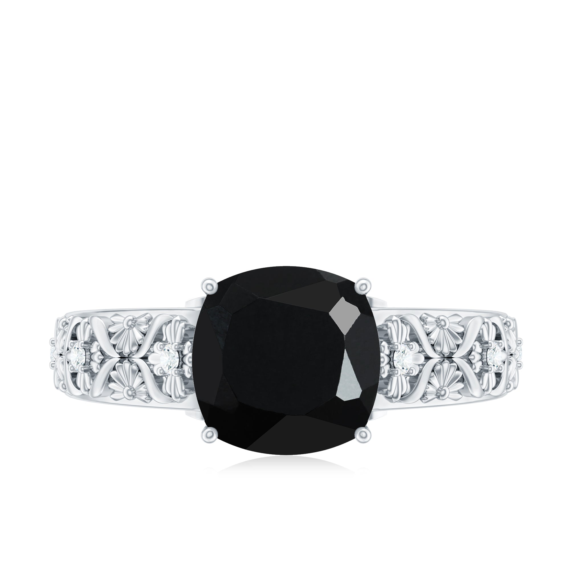 Genuine 2 Carat Black Spinel Vintage Engagement Ring with Diamond
