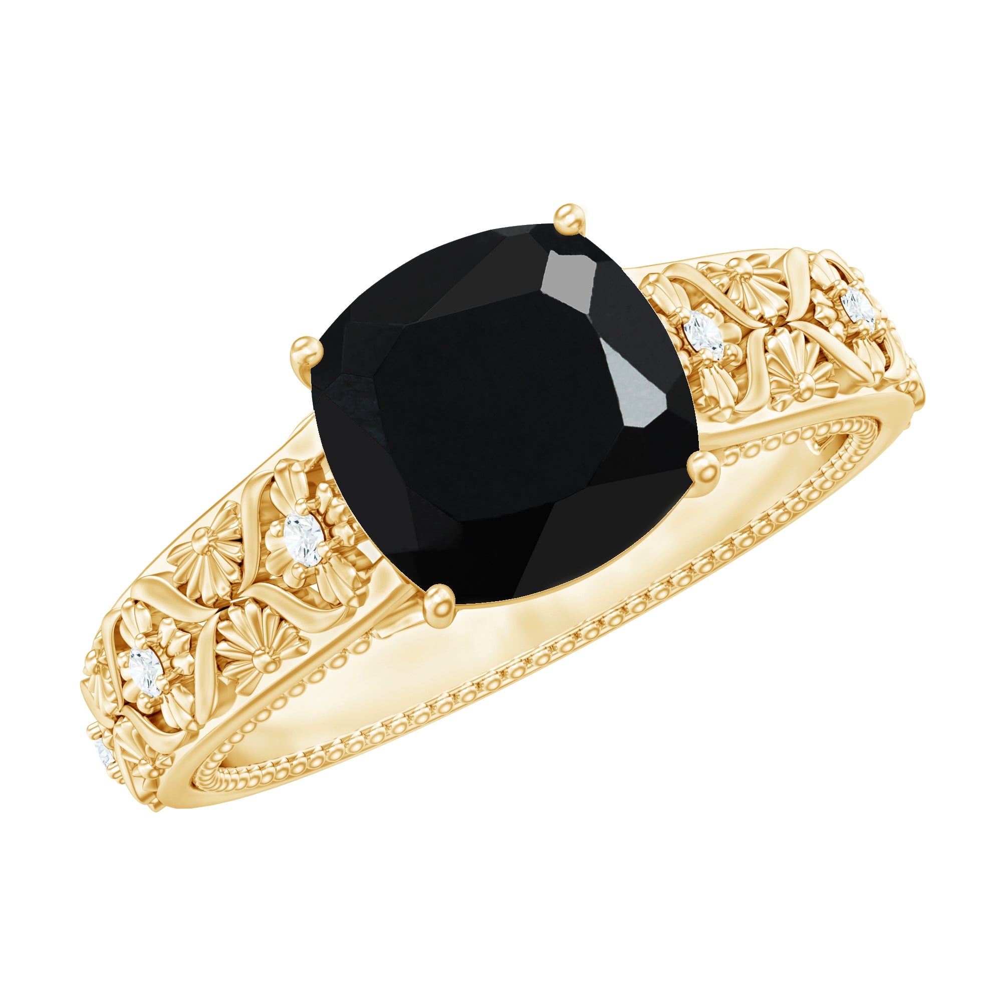 Genuine 2 Carat Black Spinel Vintage Engagement Ring with Diamond