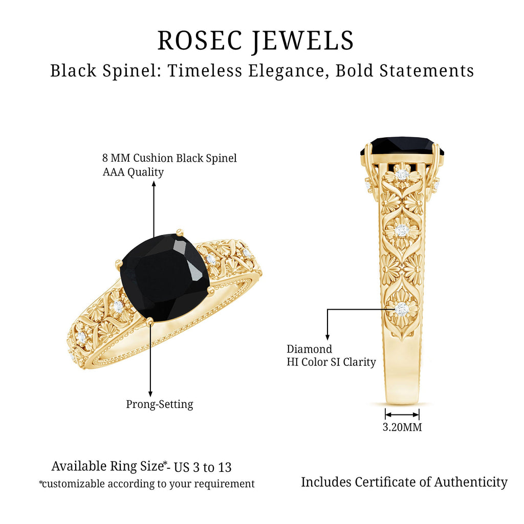 Genuine 2 Carat Black Spinel Vintage Engagement Ring with Diamond